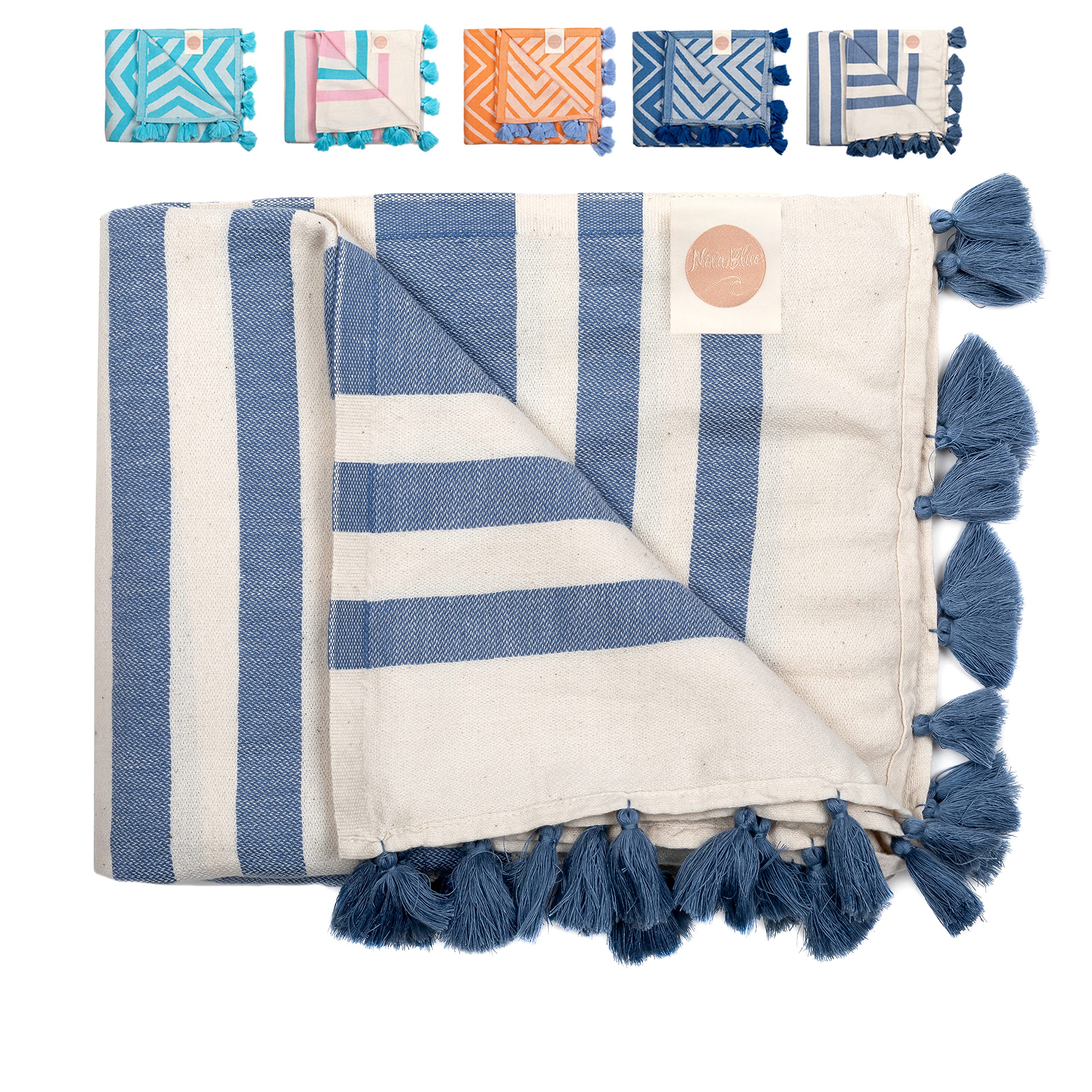 Nova Blue Turkish Beach Towel (93 x 180cm) – Navy Striped Beach Towel, 100% Turkish Cotton - Sand Free, Lightweight Beach Towel With Vibrant Design - Quick Dry, Turkish Towels