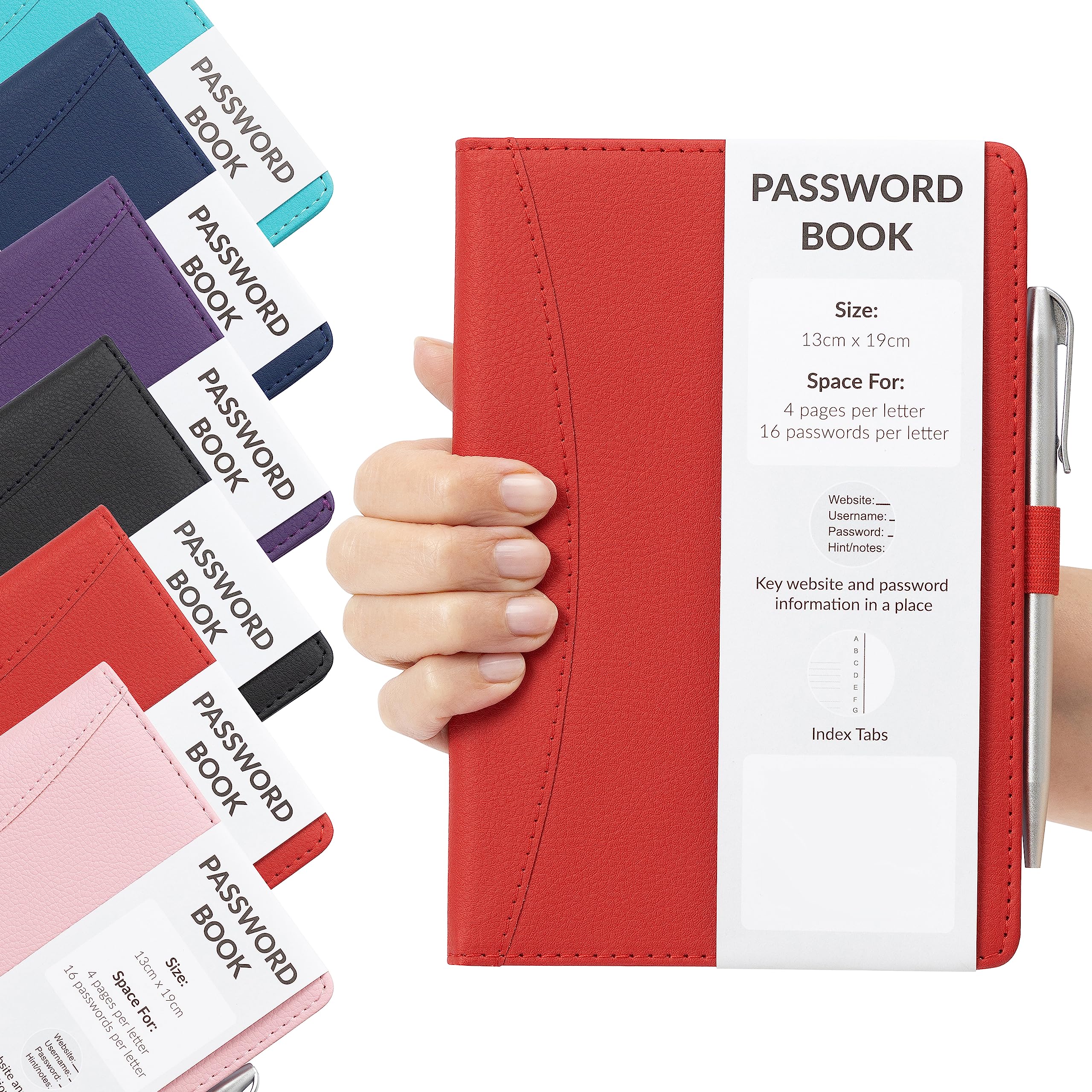Password Book Alphabetical with Tabs - Secure Login Organiser for Websites, Username & Notes - Hardback A-Z Index Password Keeper with Pen (Red)