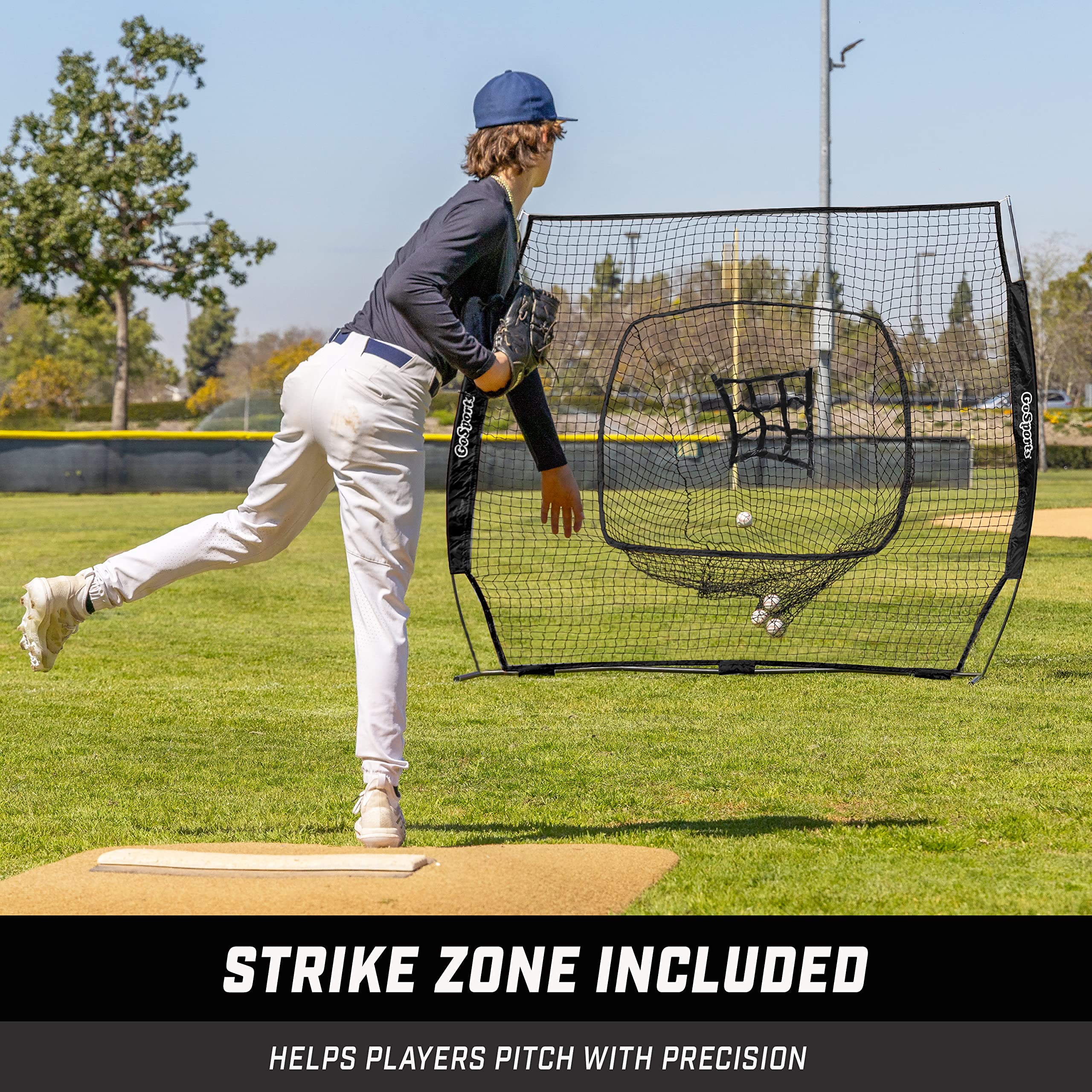 GoSports 7 ft x 7 ft Baseball & Softball Nets - Red, Black, or PRO -Practice Hitting & Pitching Net with Bow Type Frame, Carry Bag and Strike Zone, Great for All Skill Levels