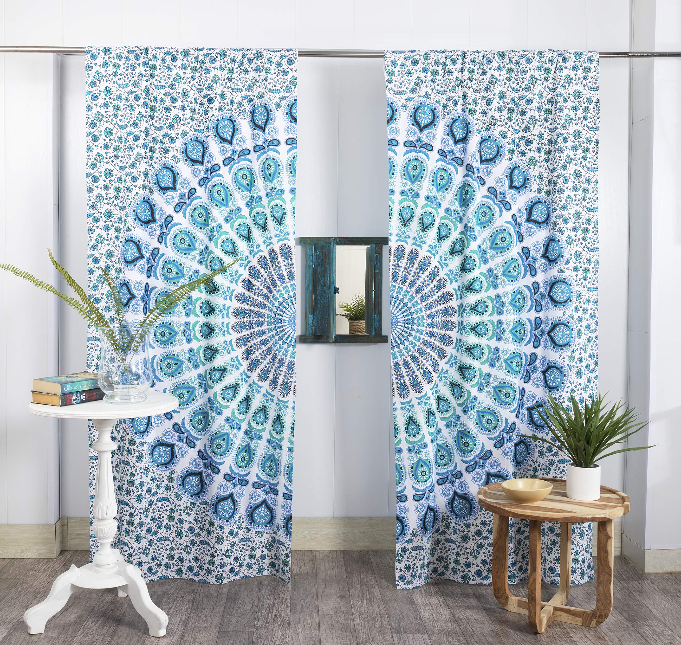 Popular Handicrafts Indian Hippie Bohemian Beautiful Peacock Mandala Window Curtain Panels White Blue