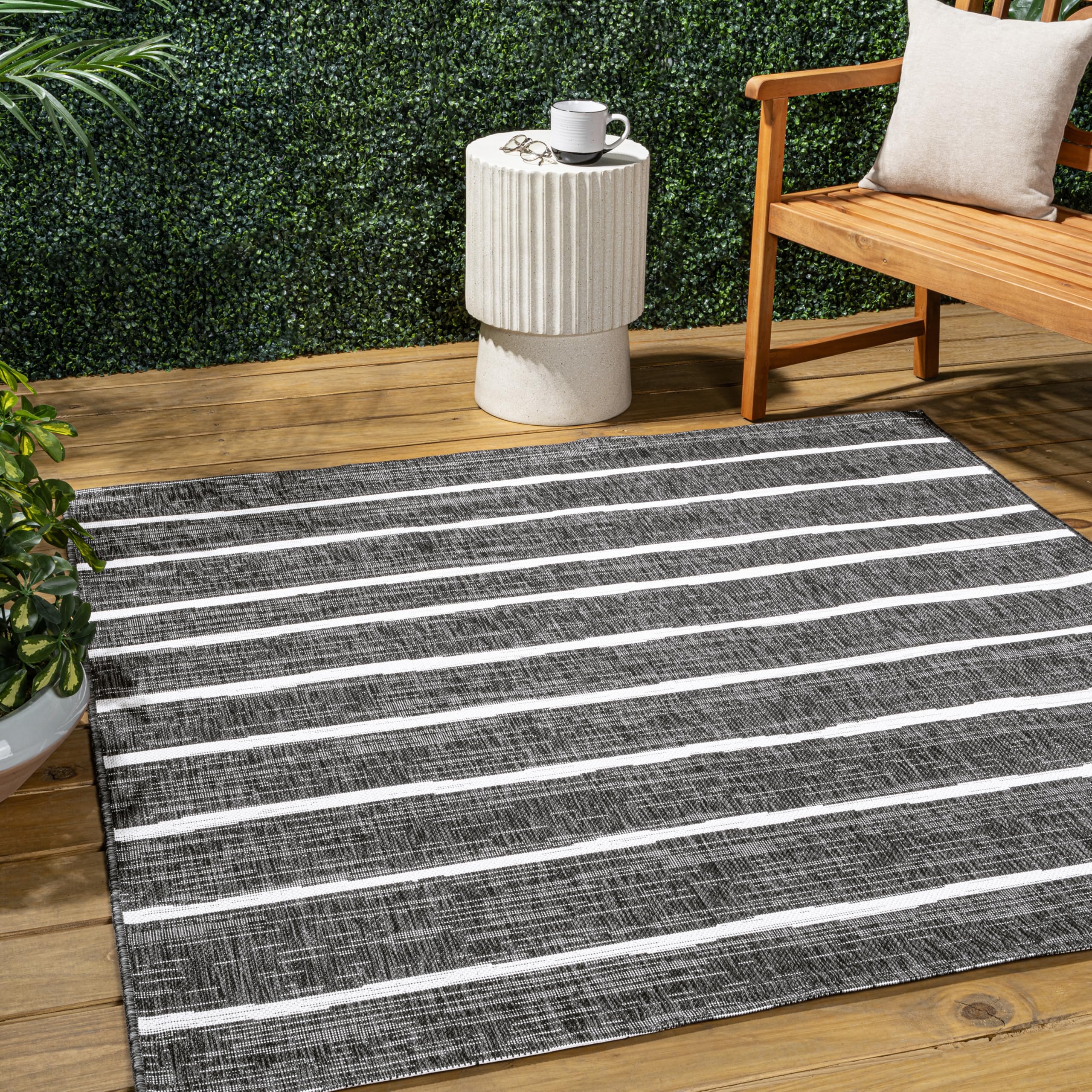 JONATHAN Y Berber Stripe Indoor Outdoor Square Area Rug 6X6 Black/Ivory, Colonia for Backyard, Patio, Porch, Easy-Cleaning, High Traffic, Pet-Friendly, Non-Shedding (SMB125E-6SQ) Image