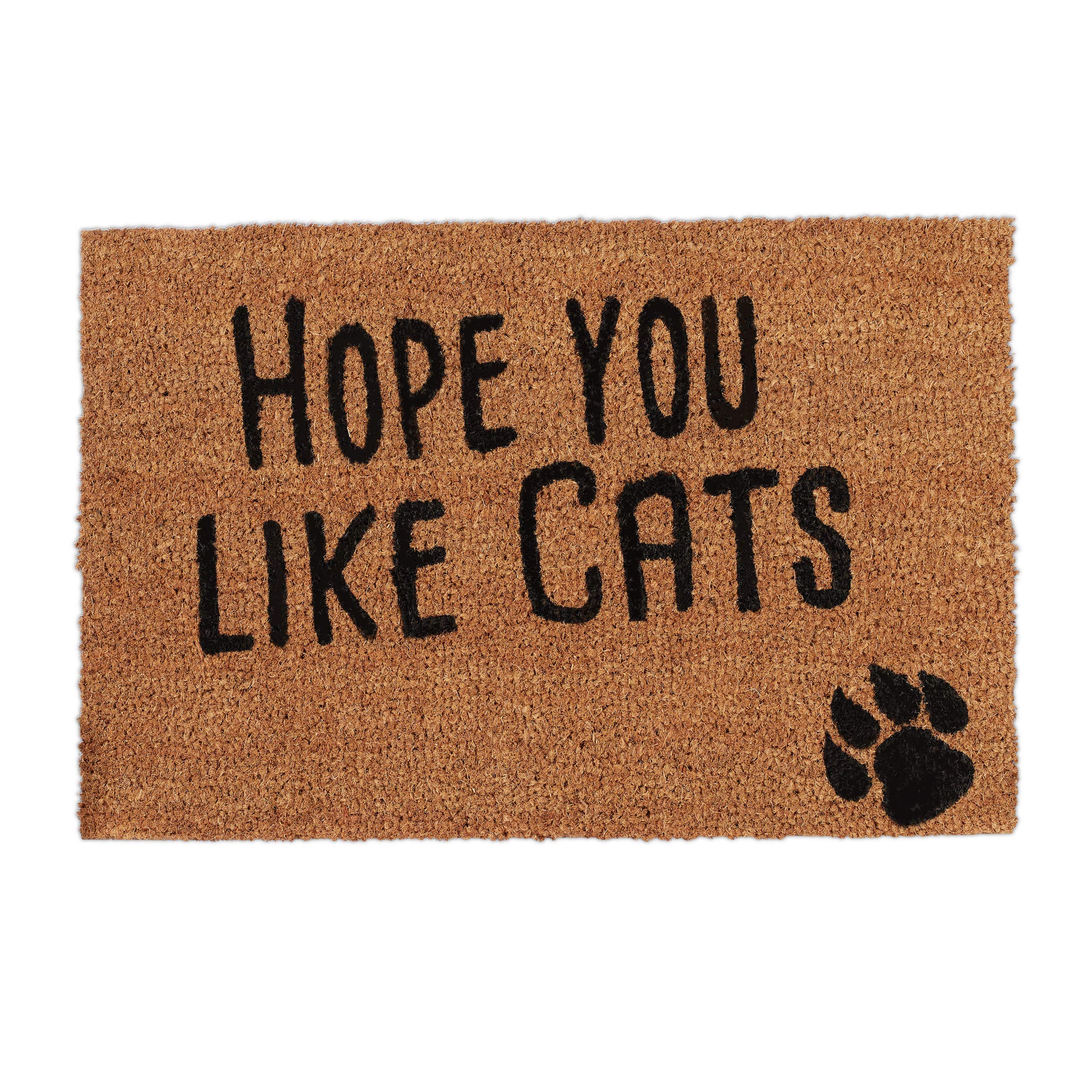 Relaxdays Doormat with Slogan, Hope You Like Cats, Animal Theme, Coconut Fibres, Outdoors, Indoors, Welcome Mat 40x60cm, Natural, Coir, 1.5 x 60 x 40 cm