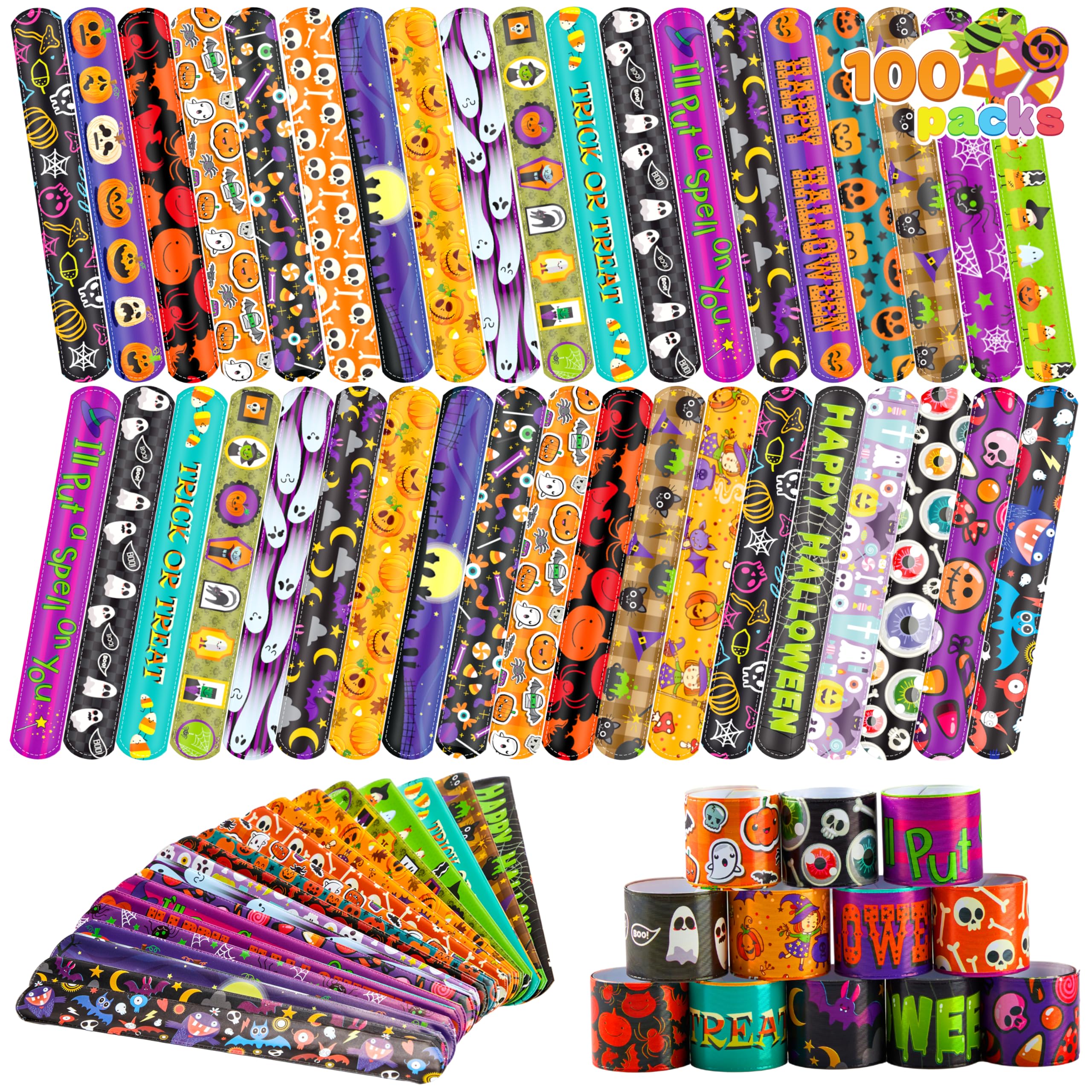 JOYIN Halloween Slap Bracelets Party Favors - 100 Pcs Friendship Bracelets with Halloween Patterns