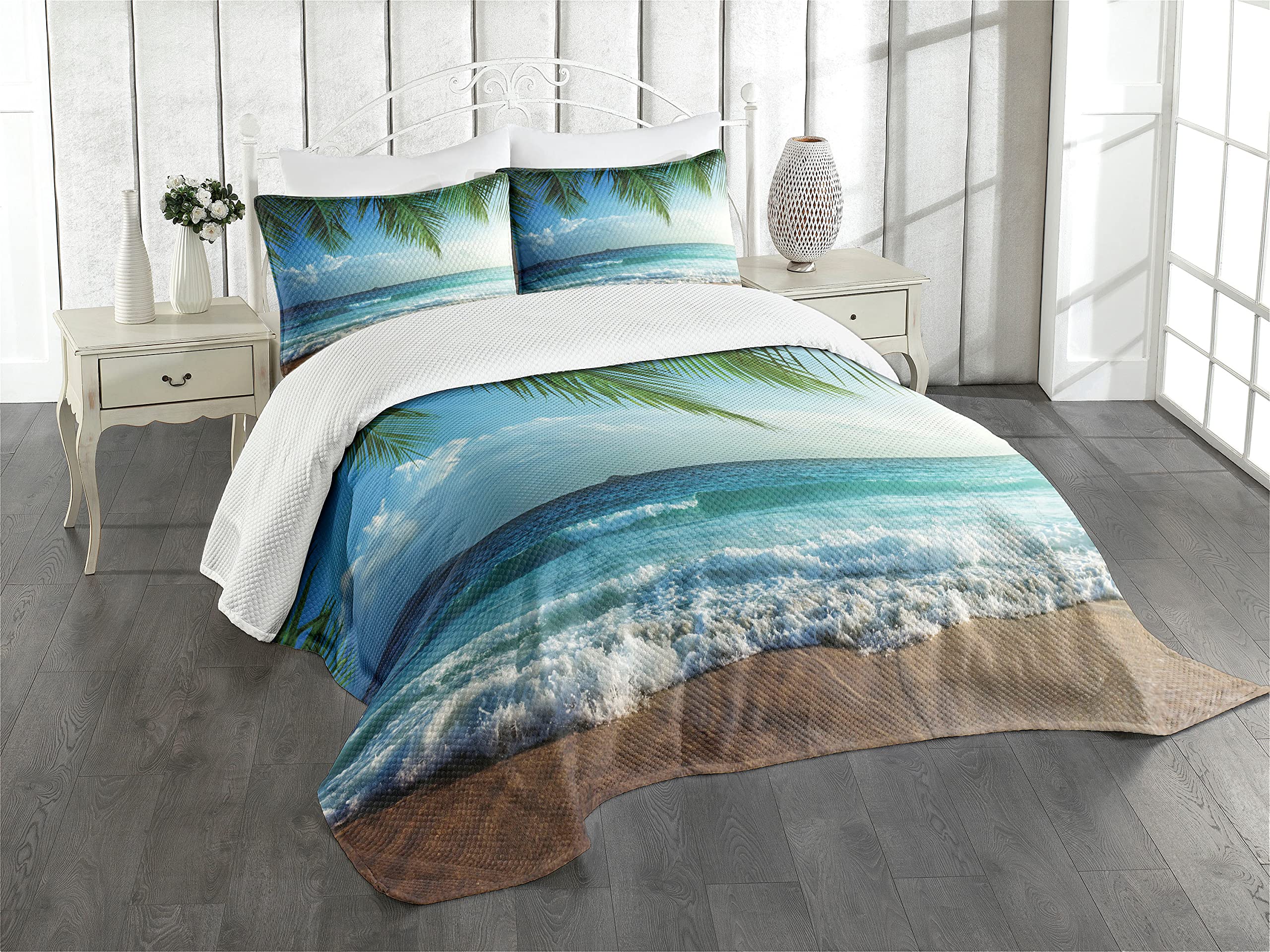 ABAKUHAUS Ocean Bedspread Set, Palms Tropical Island, Decorative Quilted 2 Piece Coverlet Set with Pillow Sham, Blue Green