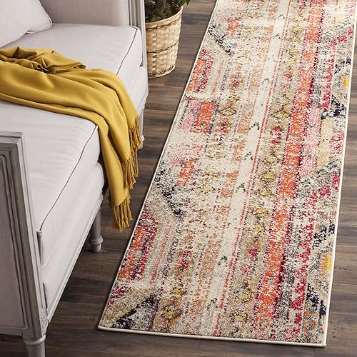 Safavieh Monaco Collection MNC222G Boho Chic Tribal Distressed Runner, 2'2" x 14' , Light Grey / Multi