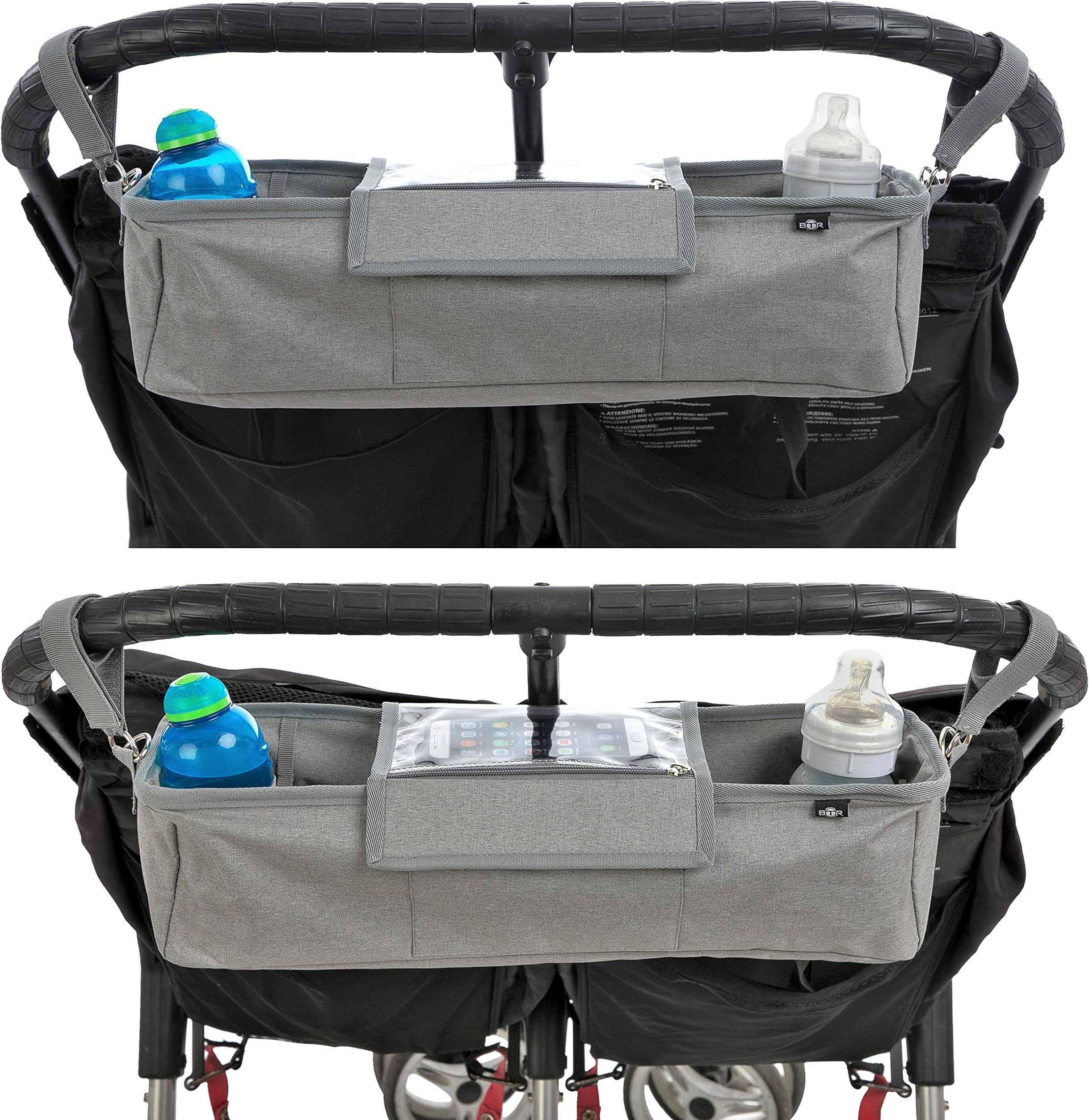 BTR Grey Pram Twin Tandem Buggy Organiser Storage Bag for Double Buggies, Exclusive Phone-Flip-Pocket Mobile Phone Holder & Waterproof Rain Cover, 2 x Buggy Clips.