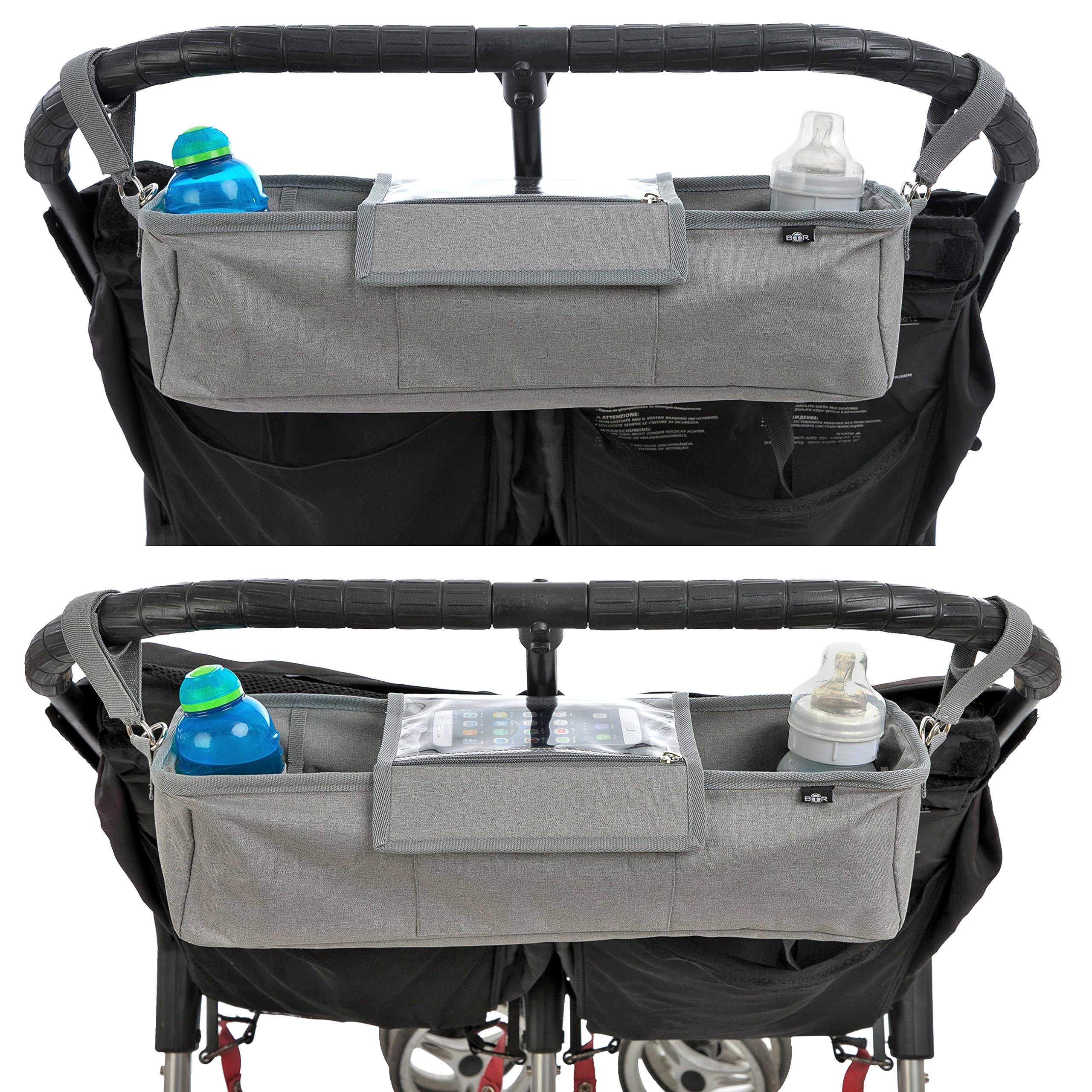 BTR GREY Pram Twin Tandem Buggy Organiser Storage Bag for Double Buggies, Exclusive Phone-Flip-Pocket Mobile Phone Holder & Waterproof Rain Cover, 2 x Buggy Clips.