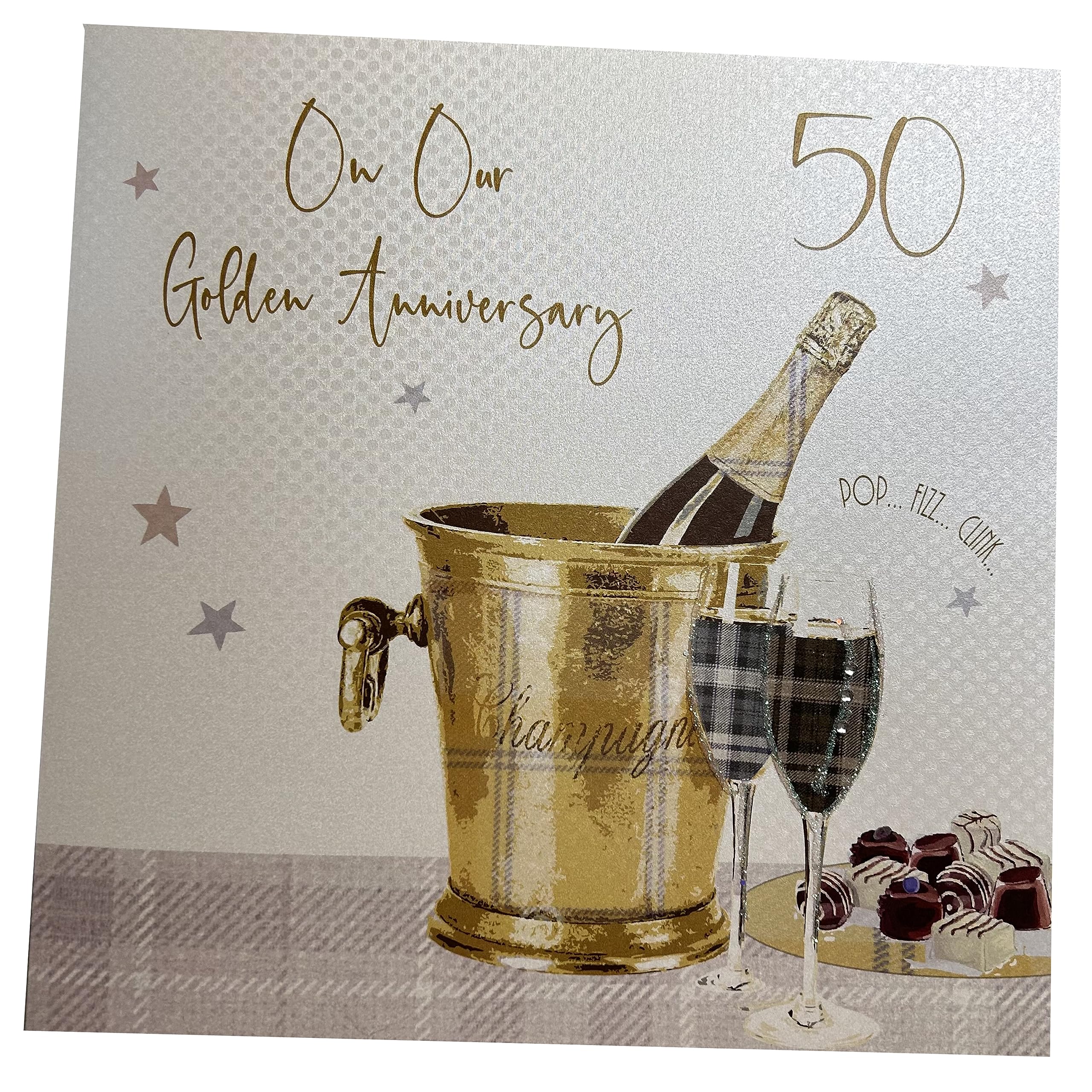 white cotton cards On Our Golden Wedding, Large Handmade 50th Anniversary Card (Champagne & Chocolates)