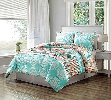 Amazon Com 3 Piece Turquoise Blue Orange White Scroll Embroidery