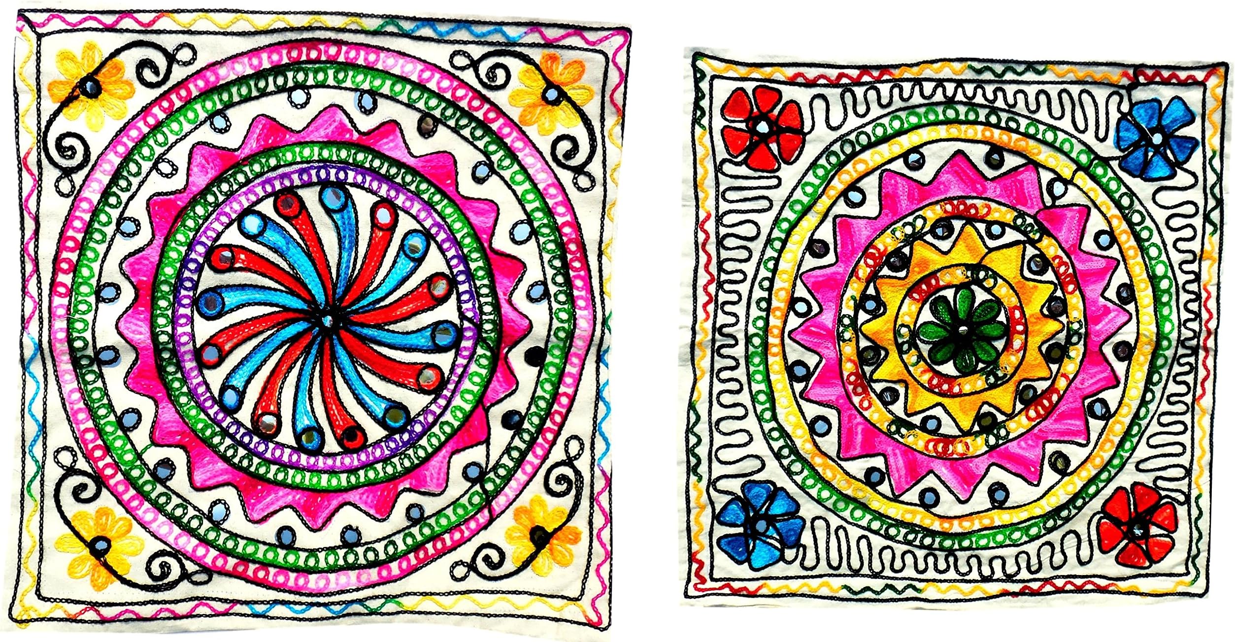 Handcrafted Woolen threads Embroidery Printed Cushion Covers Set of 2 -Throw Pillow Covers Cotton Fabric Indian Home Furnishing Decorative 16x 16 Inch-UP-CC002