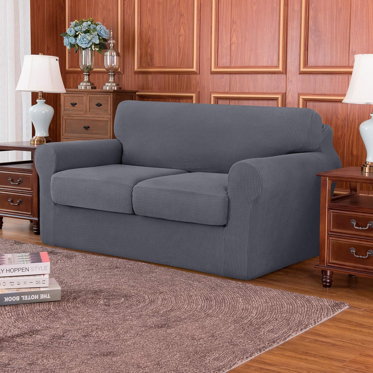 subrtex High Stretch Jacquard Loveseat Slipcover with 2 Separate Cushion Common Couch Sofa Cover Coat for 2-Seater Conventional Settee Spandex Washable Furniture Protector (Medium, Gray): Home & Kitchen