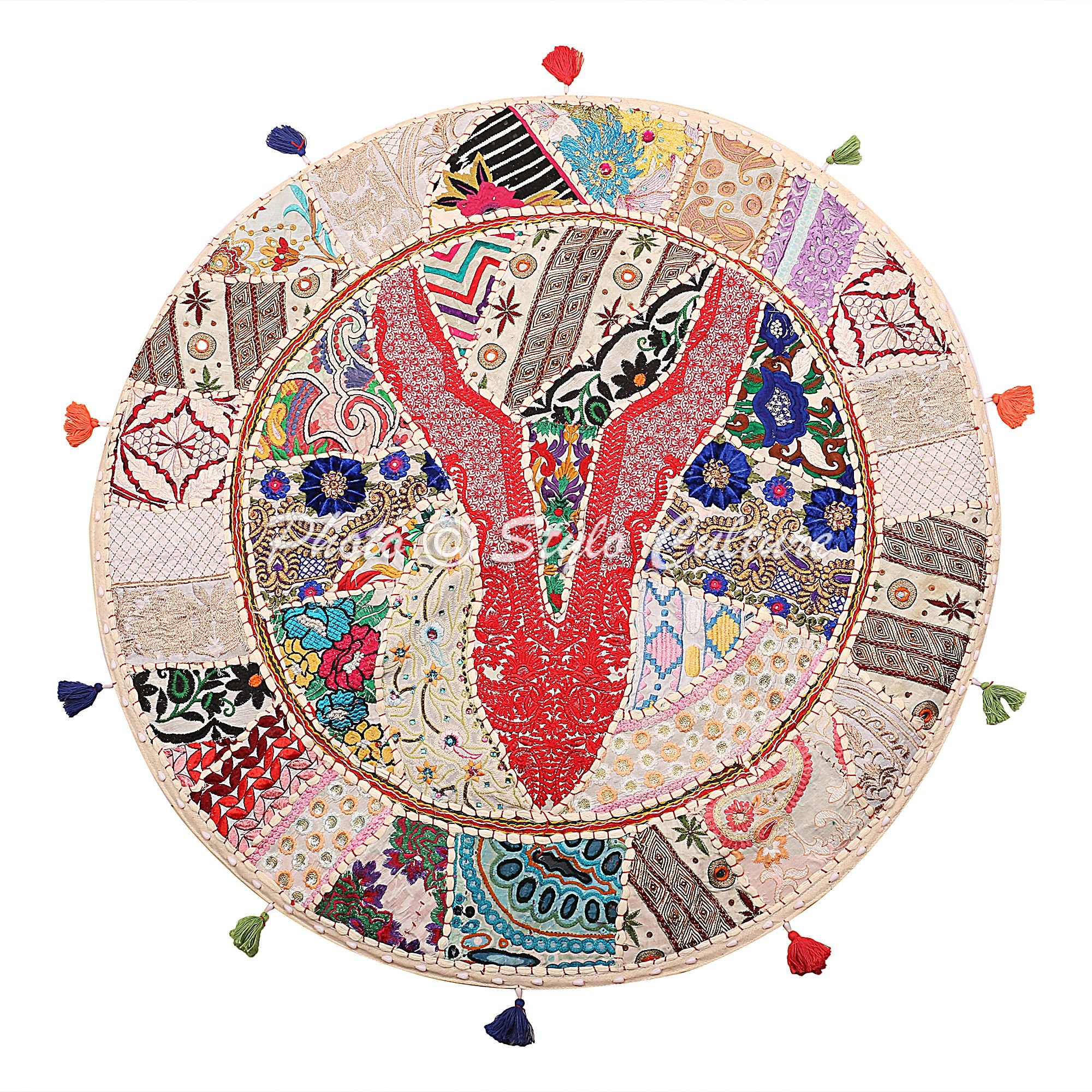 Stylo Culture Decorative Bohemian Indian Floor Pillow Scatter Cushion Cover White 80cm x 80cm Vintage Patchwork Round Large 32 Inch Hallway Cotton Embroidered Chair Seating Cover