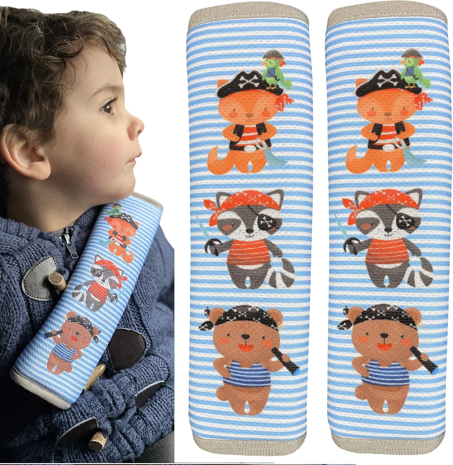 HECKBO 2X Kids Car Seat Belt Pads Seat Belt Protectors, Pirate Animals
