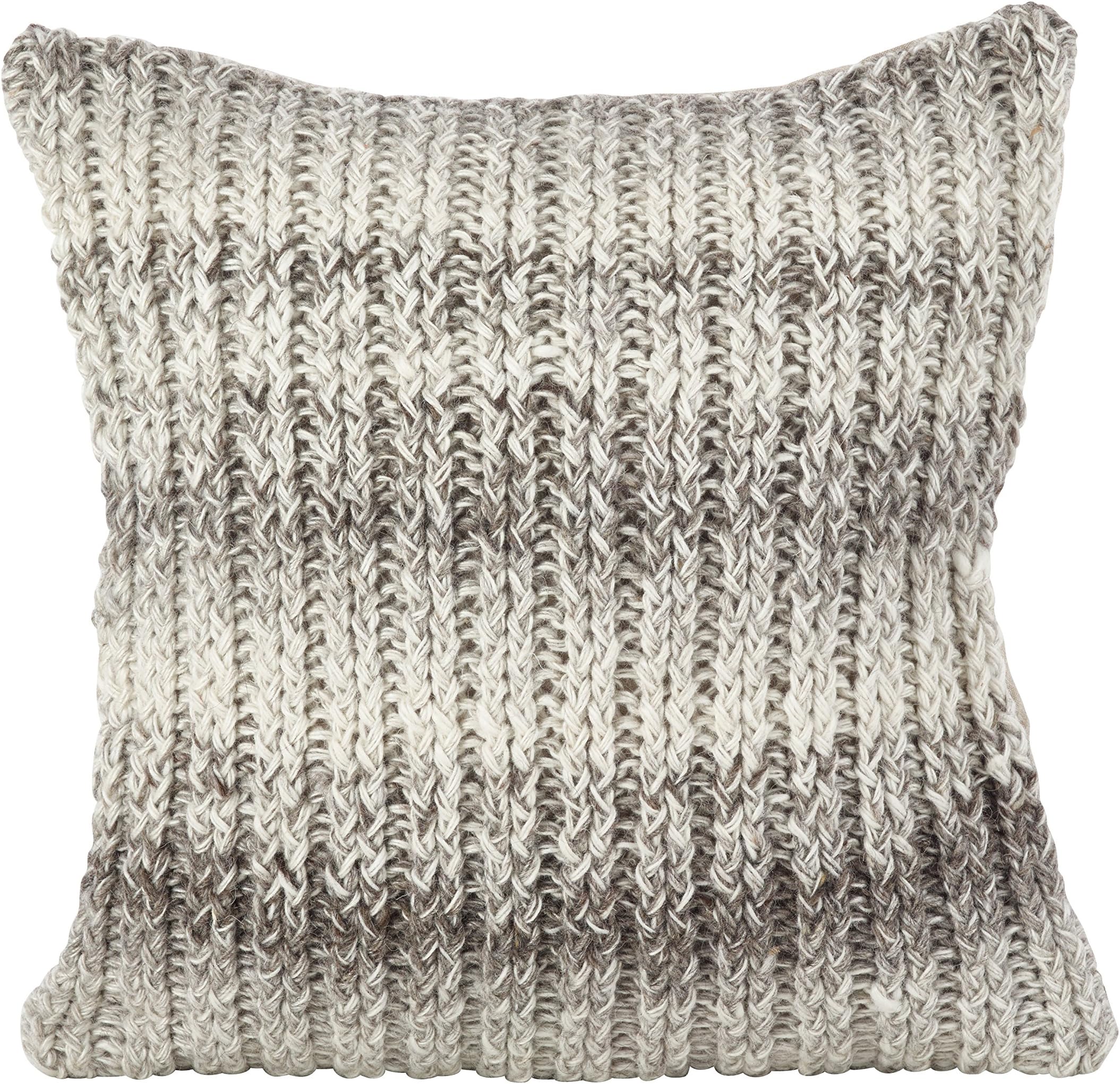 SARO LIFESTYLE Hand Knit Ombre Design Wool Down Filled Throw Pillow, 18" x 18" Square, Natural