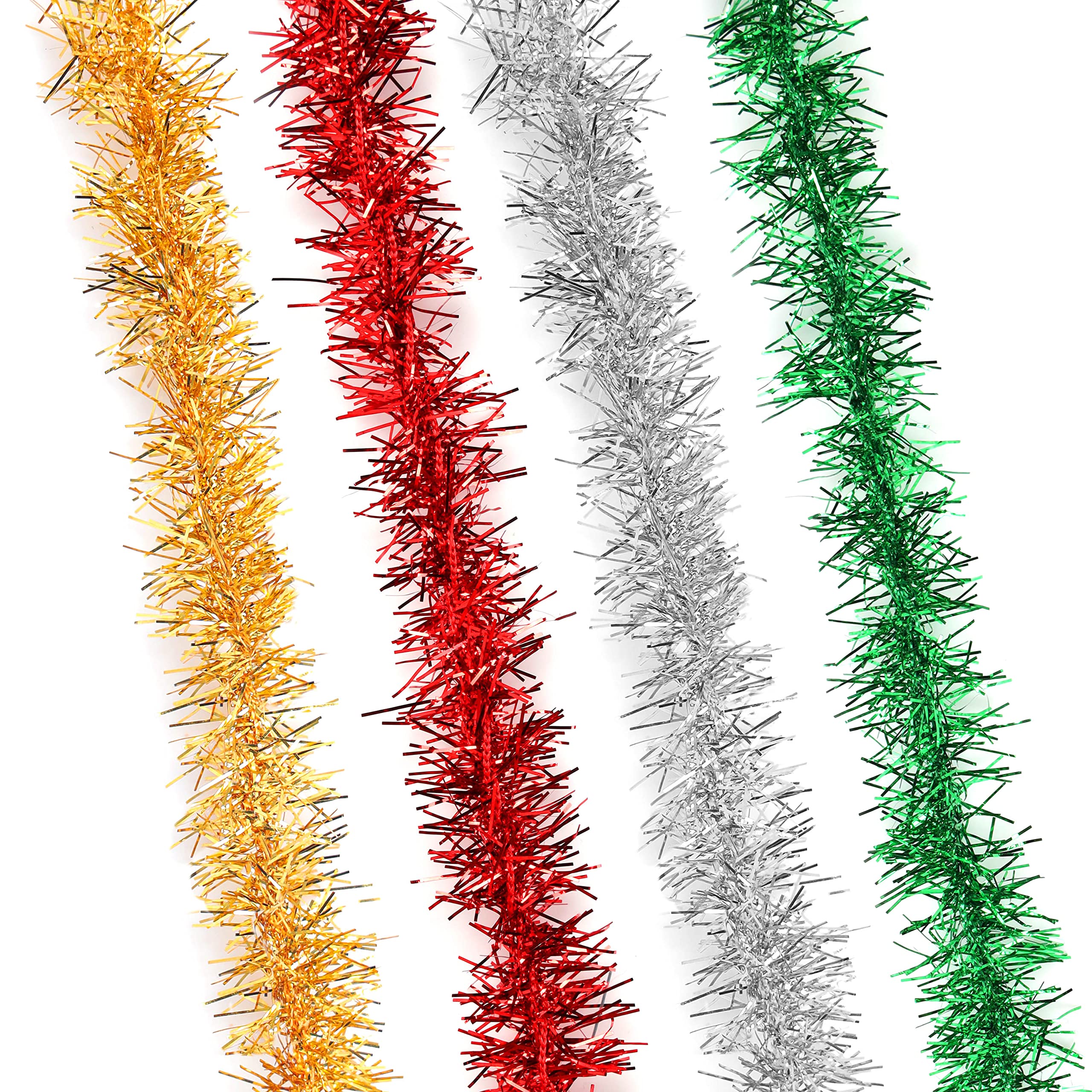 BELLE VOUS Multicoloured Christmas Plastic Tinsel Garland (4 Pack) - 3m / 9.84ft Long, 15mm Thin Twist Glitter Tinsel Rolls - Xmas Supplies for Christmas Tree, Holiday and New Year Party Decorations