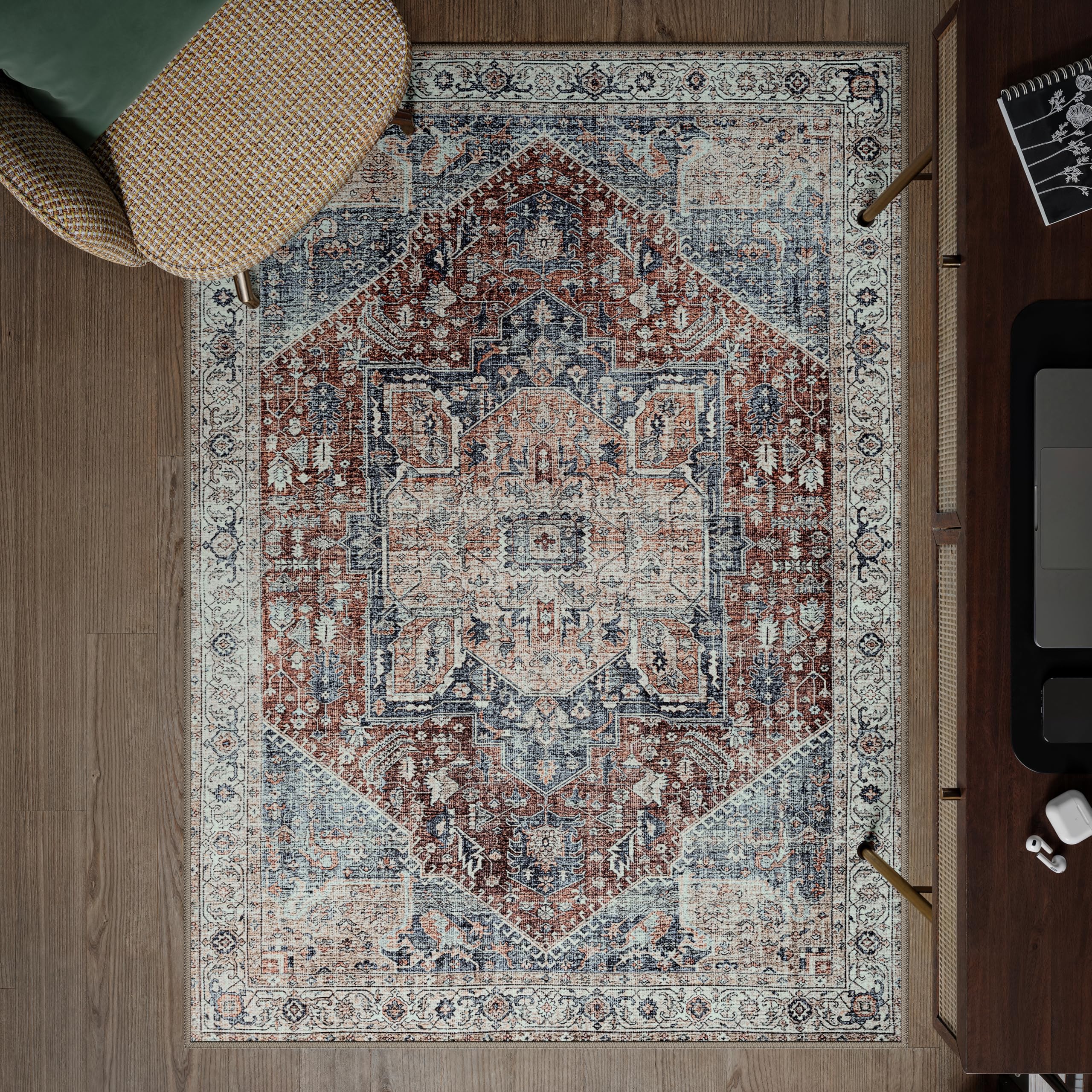 artyrugs Machine Washable Rug, 122x170cm, 75% Recycled Cotton, Short Pile, Non-Slip Backing, Non-Shedding, Suitable for Living Room, Bedroom, Kitchen, Hallway, Office, Crimson Red & Navy