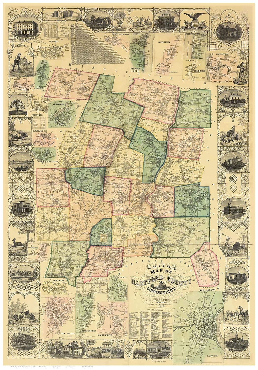 Hartford County Connecticut 1855 Wall Map with Homeowner