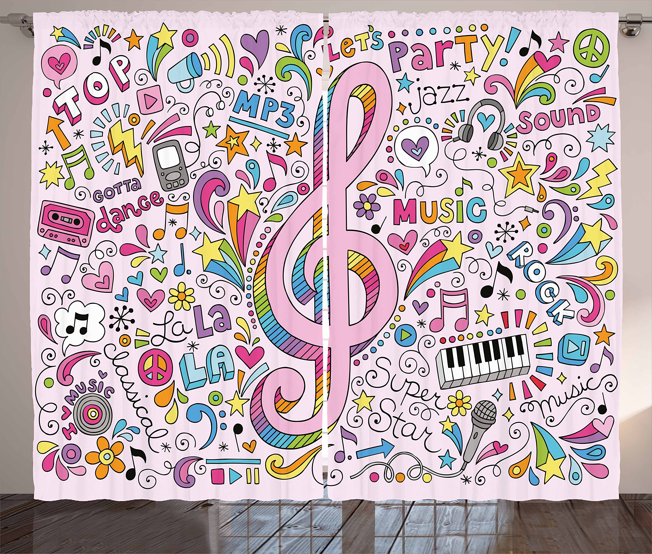 Ambesonne 70s Party Curtains, Music Clef Groovy Psychedelic Doodles Hand Drawn Hippie Signs Artwork,