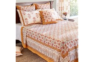 Saffron Marigold Queen Summer Bedspread - Lightweight 100% Orange Cotton, Hand Block Printed Floral Bedding Comforter for Your Bedroom Decor Orange Blossom 90x90 inches
