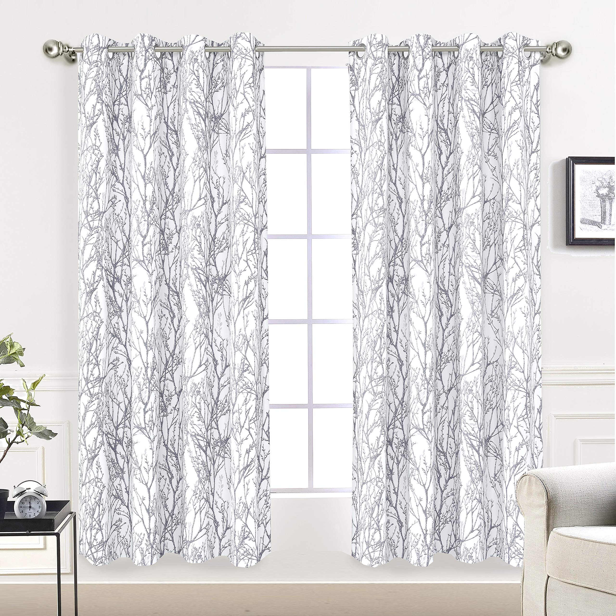 DriftAway Tree Branch Botanical Pattern Painting (Black) out Room Darkening Thermal Insulated Grommet Lined Window Curtains 2 Panels 2 Layers Each 52 Inch by 63 Inch (Gray)