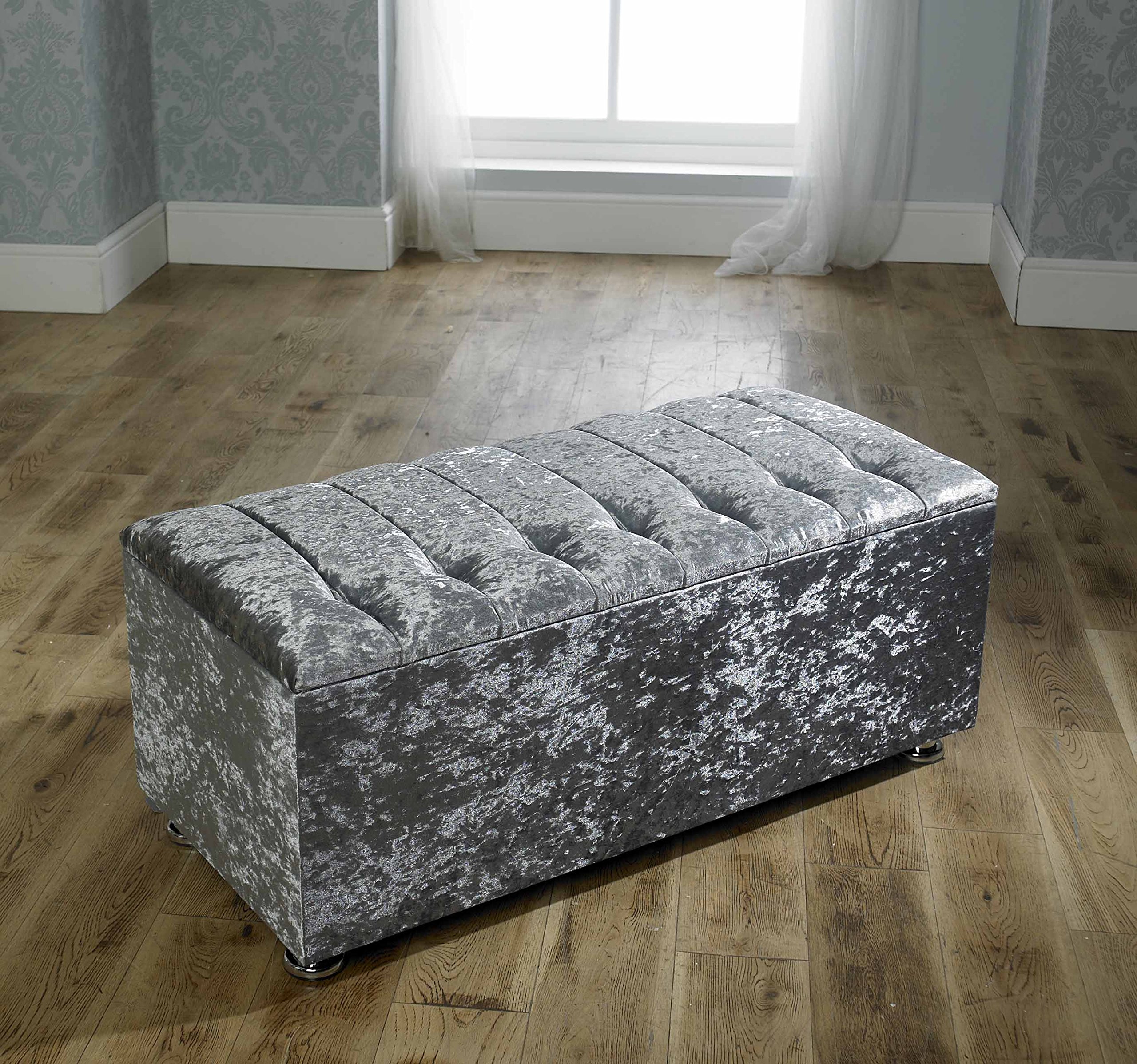 CHICAGO CRUSHED VELVET DIAMANTE OTTOMAN TOY STORAGE BLANKET BOX CHOICE OF COLORS (SILVER)