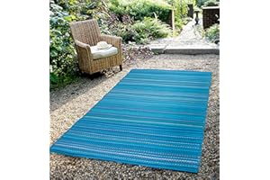 FH Home Outdoor Rug - Waterproof, Fade Resistant, Reversible - Premium Recycled Plastic - Striped - Large Patio, Deck, Sunroom, Camping, RV - Havana - Turquoise Crease Free - 6 x 9 ft