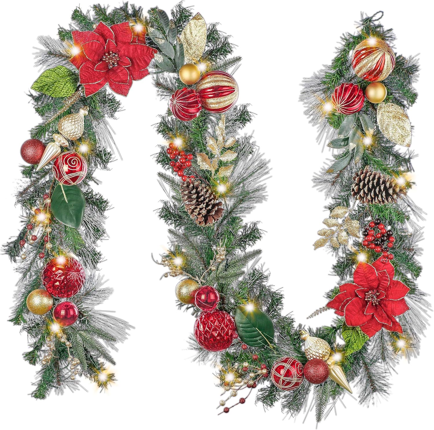 Valery Madelyn Pre-Lit 9 Feet Luxury Red Gold Christmas Garland Decorations with Lights, Ball Ornaments Flowers, Battery Operated 20 LED Warm Lights for Outdoor Front Door Mantel Fireplace Tree Party: Home & Kitchen