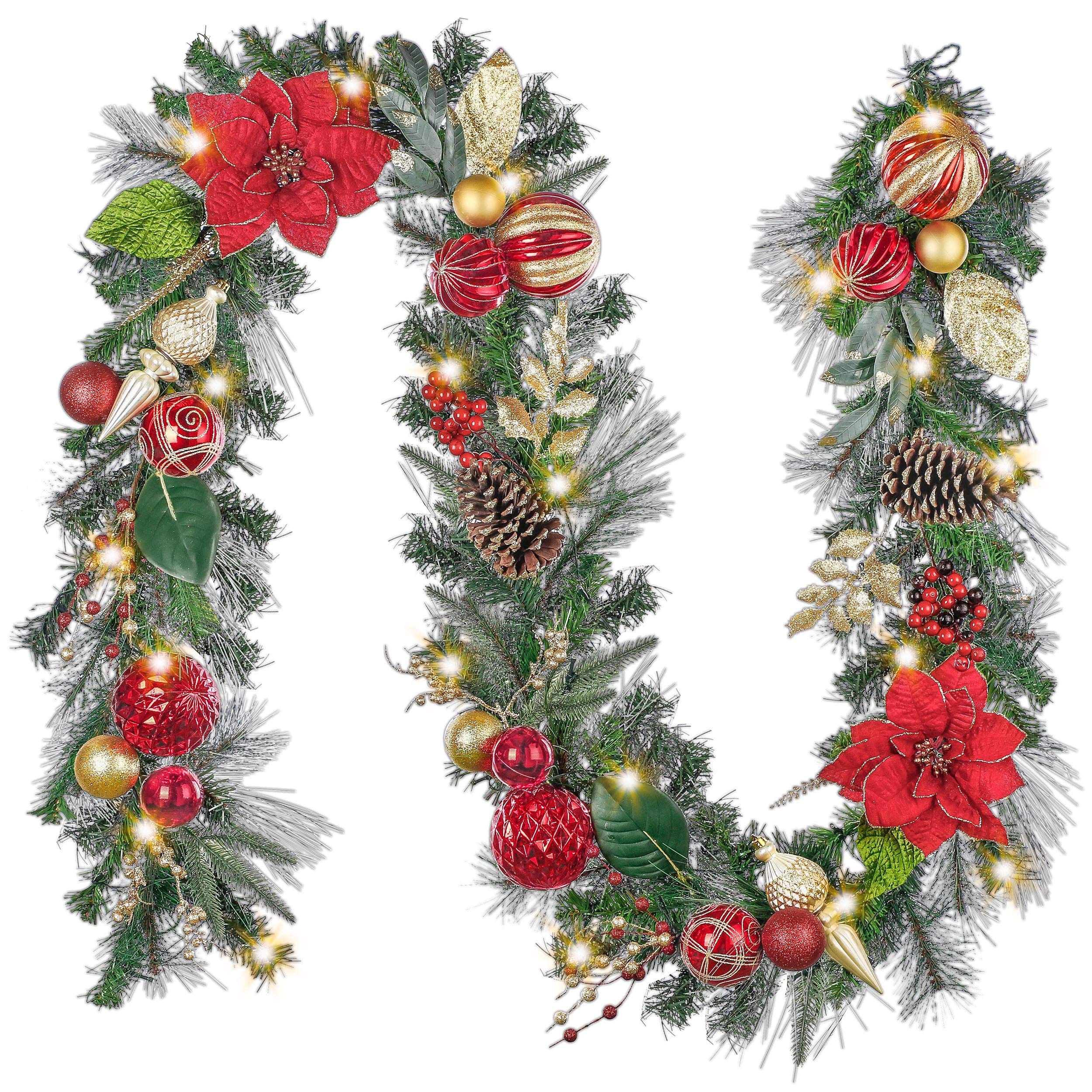 Valery Madelyn Pre-Lit 9 Feet Luxury Red Gold Christmas Garland Decorations with Lights, Ball Ornaments Flowers, Battery Operated 20 LED Warm Lights for Outdoor Front Door Mantel Fireplace Tree Party