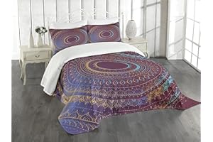 Lunarable Mandala Bedspread, Boho Style of Cosmos Floral Ombre Details, Decorative Quilted 3 Piece Coverlet Set with 2 Pillow Shams, Queen Size, Sky Blue