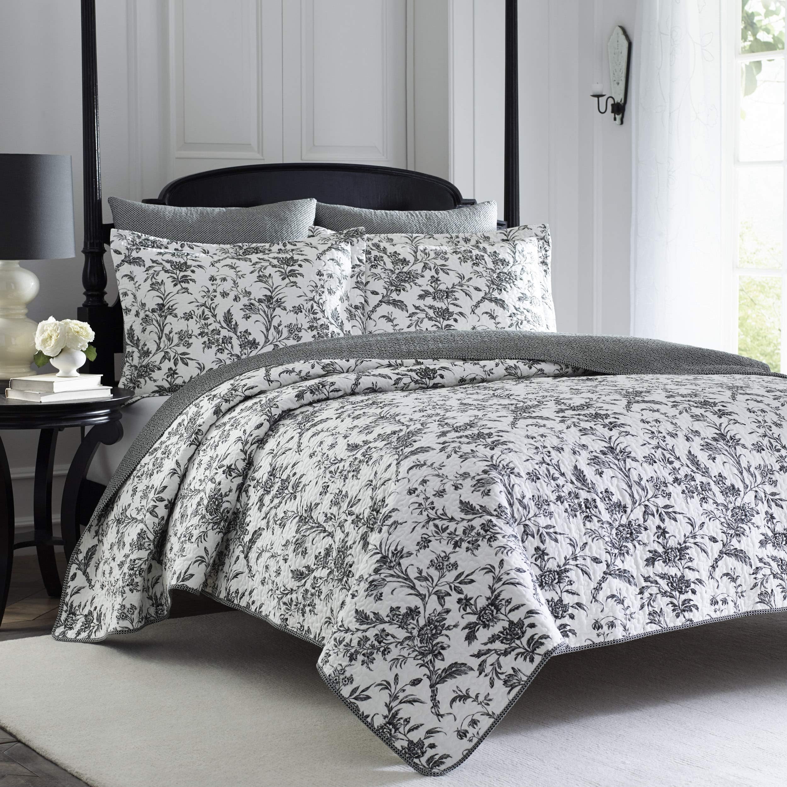 Laura Ashley Cotton Reversible Bedding with Matching Shams, Home Decor for All Seasons, Amberley Black/White, Queen