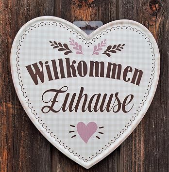 Metall Schild Herz 25cm Willkommen Zuhause Creme Weiss Wanddeko
