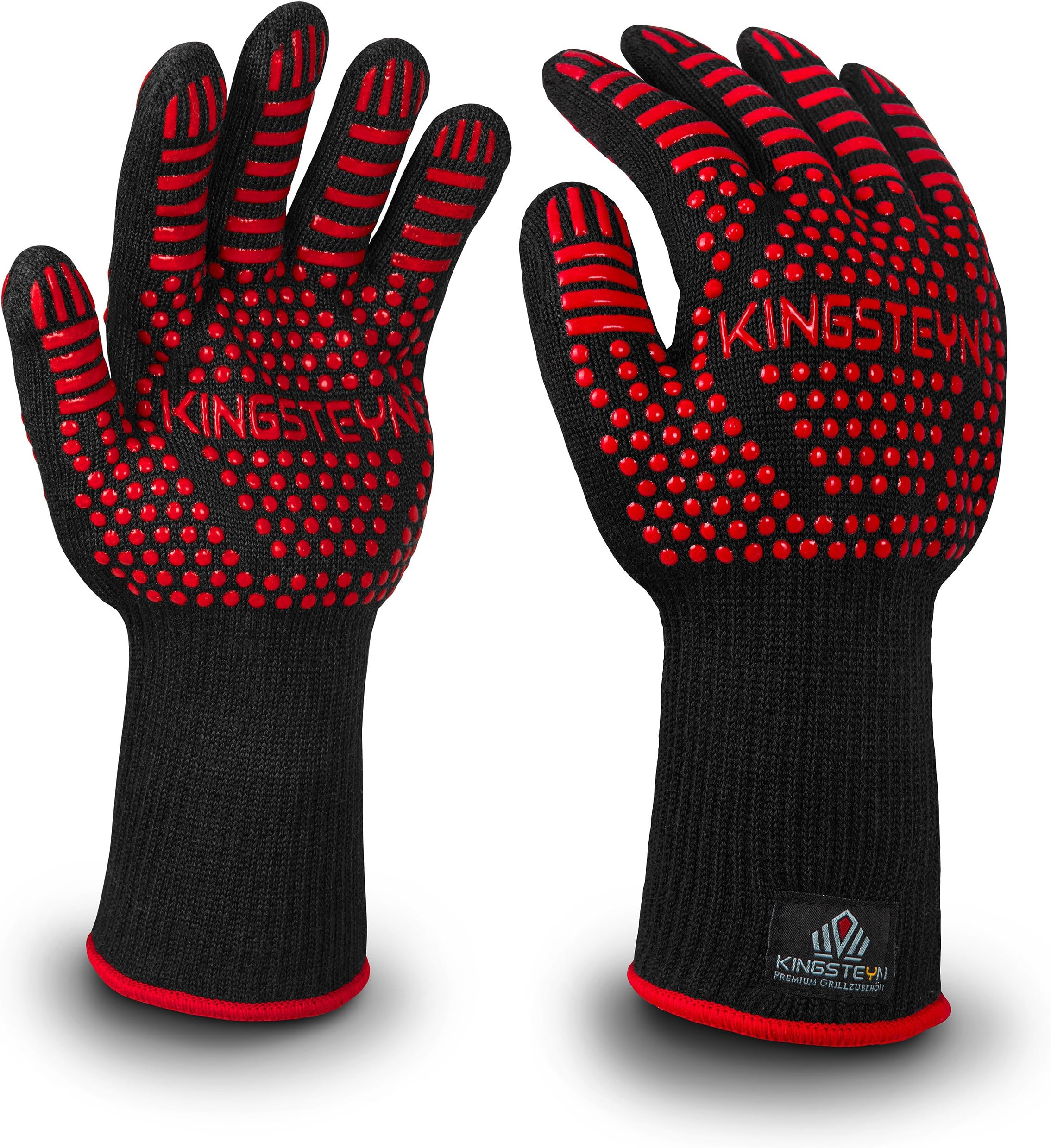 KINGSTEYN® N°1 Grillhandschuhe hitzebeständig bis 500°C (1 Paar) + 35cm extra lange Ofenhandschuhe + EN407 beglaubigte Backhandschuhe mit Gecko-Effekt (women's hands, red)