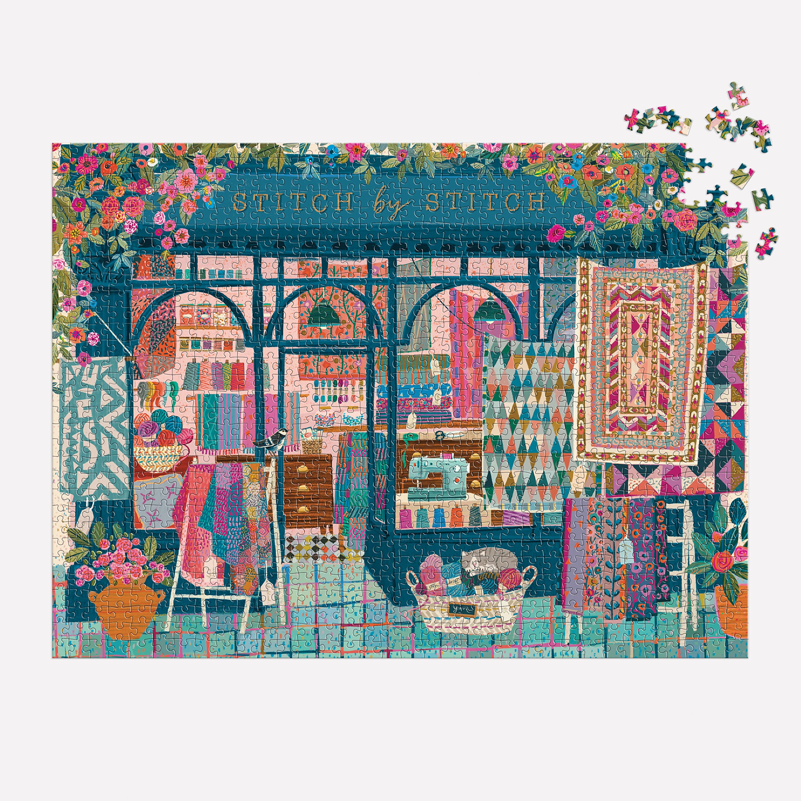 Galison Stitch by Stitch – 1000 Piece Puzzle Fun and Challenging Activity with Bright and Bold Quilting and Crafting Themed Storefront Artwork for Adults and Families