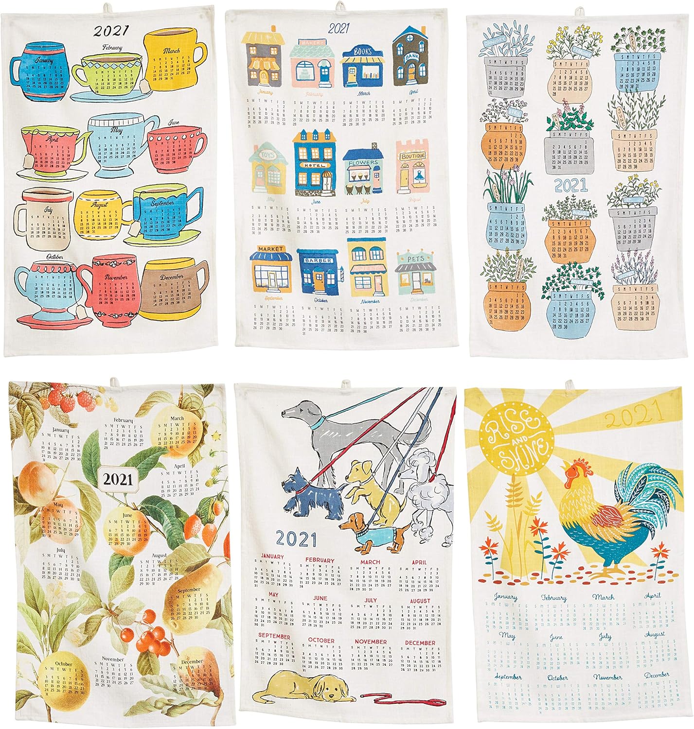 Creative Co-Op Cotton 2021 Calendar (Set of 6) Tea Towel Set, Multi, 6