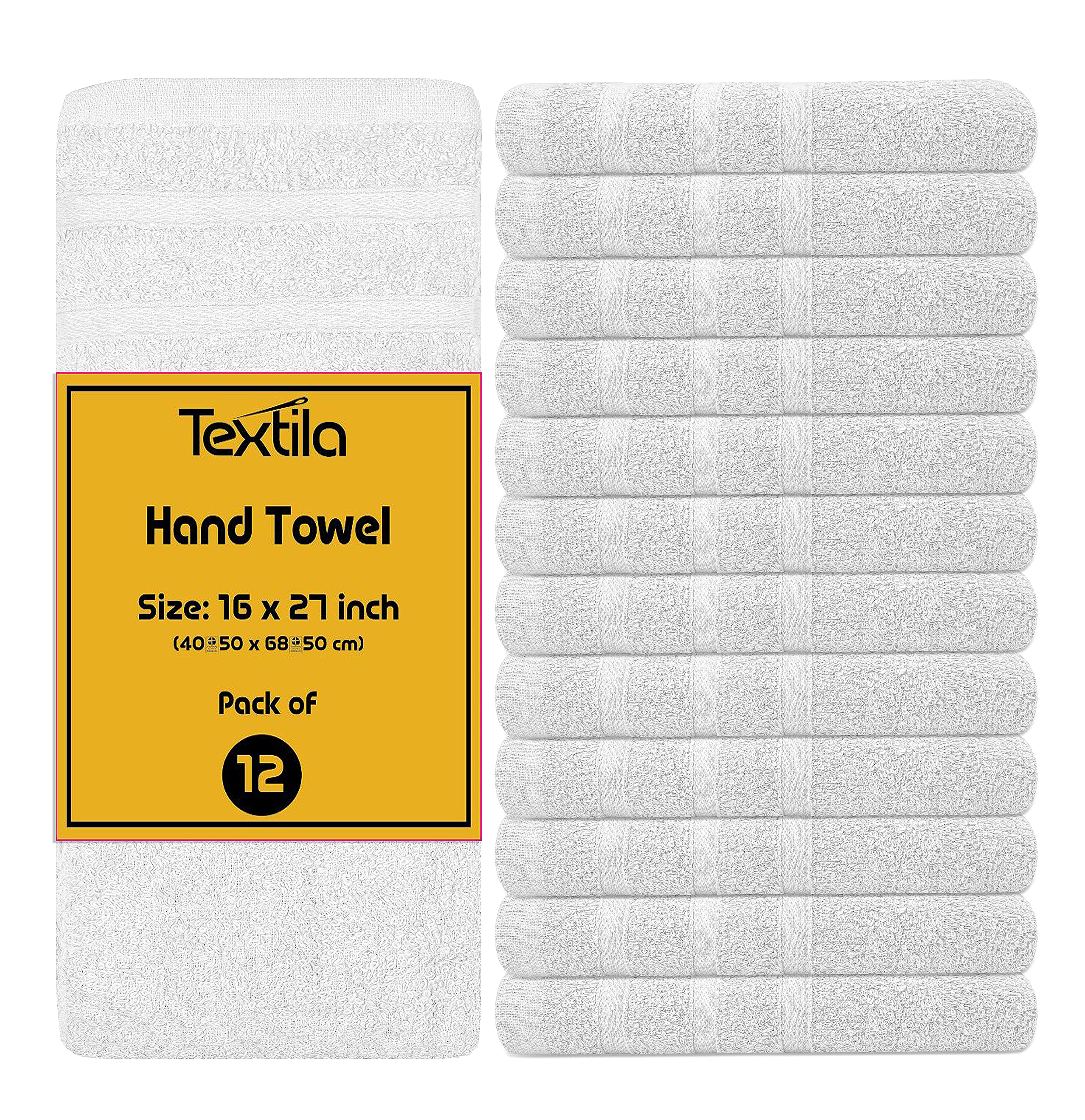 Textila Cotton Hand Towels - Pack of 12 - White Color - 16x27 Inches - Soft and Absorbent Towels for Bathroom, Kitchen, and Gym.