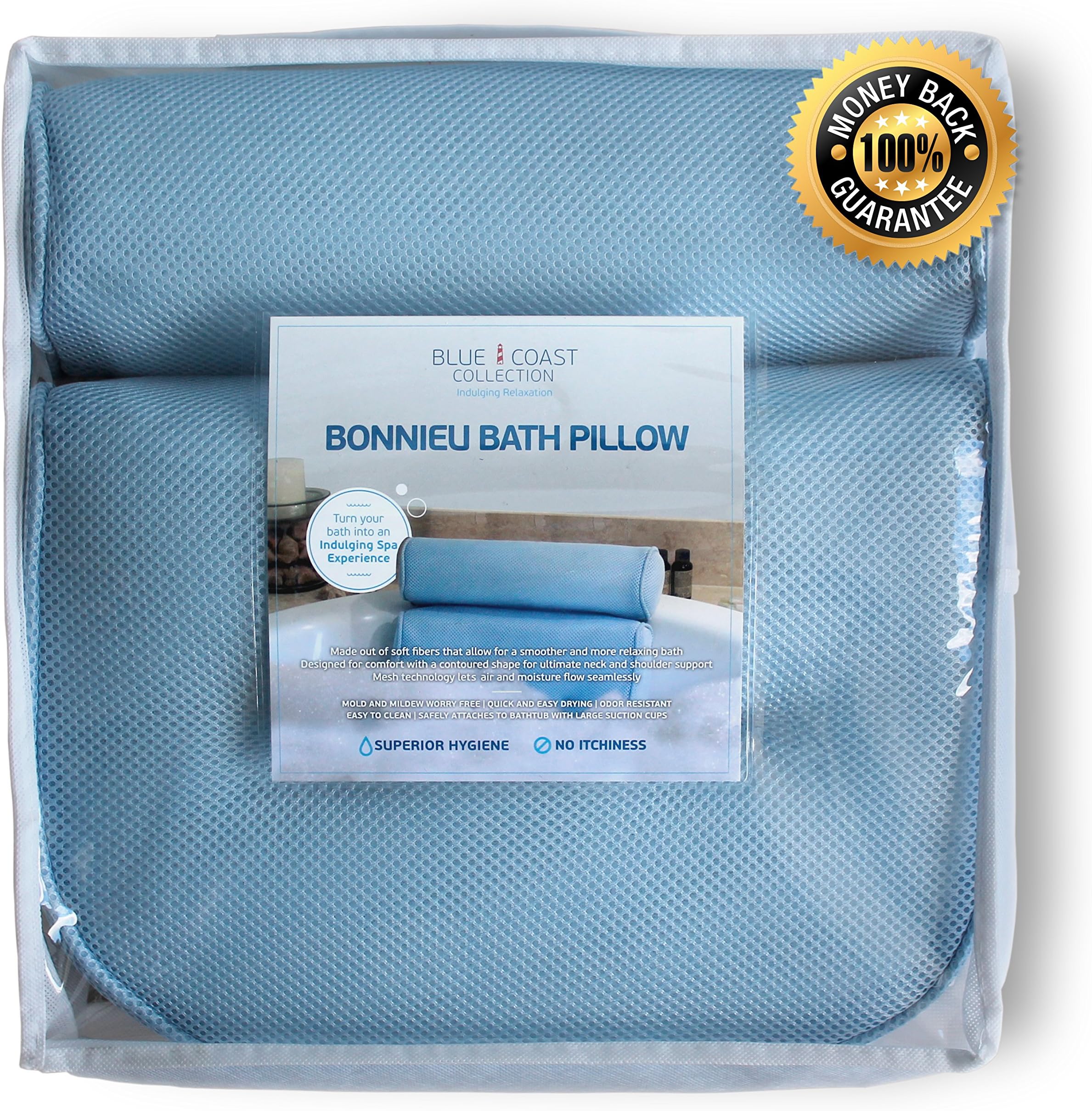 Blue Coast Collection–Bath Pillow for Tub with 4 Strong Suction Cups–Large Size for Bathtub, Hot Tub, Jacuzzi and Home Spa–Non-slip Luxury Support for Head, Neck, Back, Shoulders with Soft Fibers–Blue