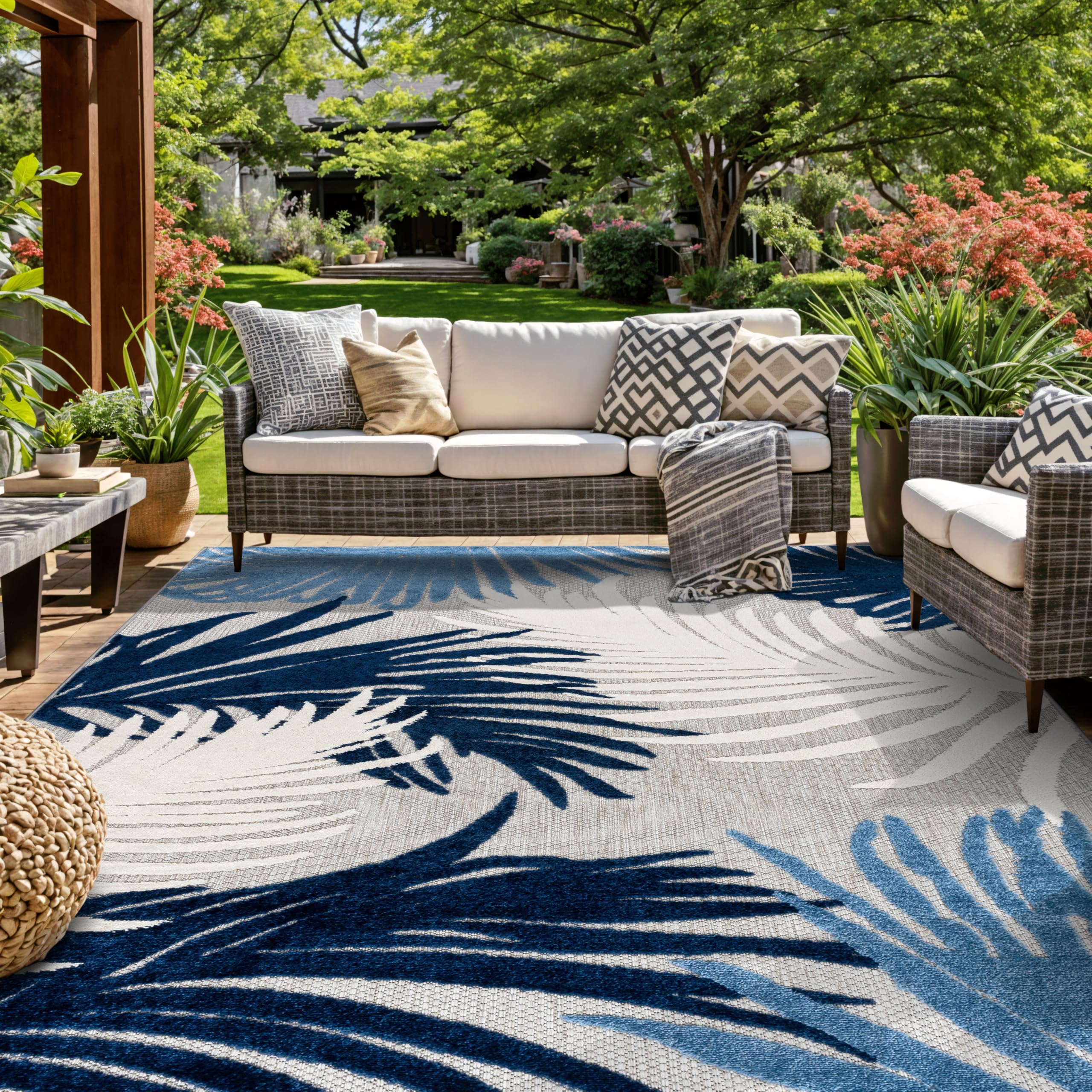 Rugshop Navy Lucca Contemporary Floral Indoor/Outdoor Area Rug Durable Polypropylene, Weather Resistant, Easy to Clean for Backyard, Deck and Outdoor Lounge 12' x 15' Image