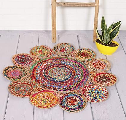 HANDCIRAFT-Palace Multi Round Jute Rug Braided Floor Mat Door Mats Area Rug Carpet Handmade Jute Rug (Multicolor)