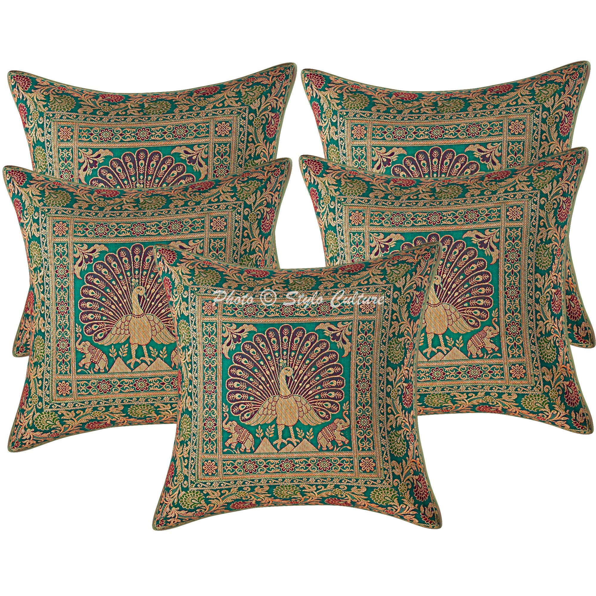 Stylo Culture Ethnic Brocade Couch Lounge Cushion Covers 40 x 40cm Emerald Green Gold Dancing Peacock 16x16 Inch Jacquard Square Decorative Floral Throw Pillow Cases - (Set Of 5 Pcs)