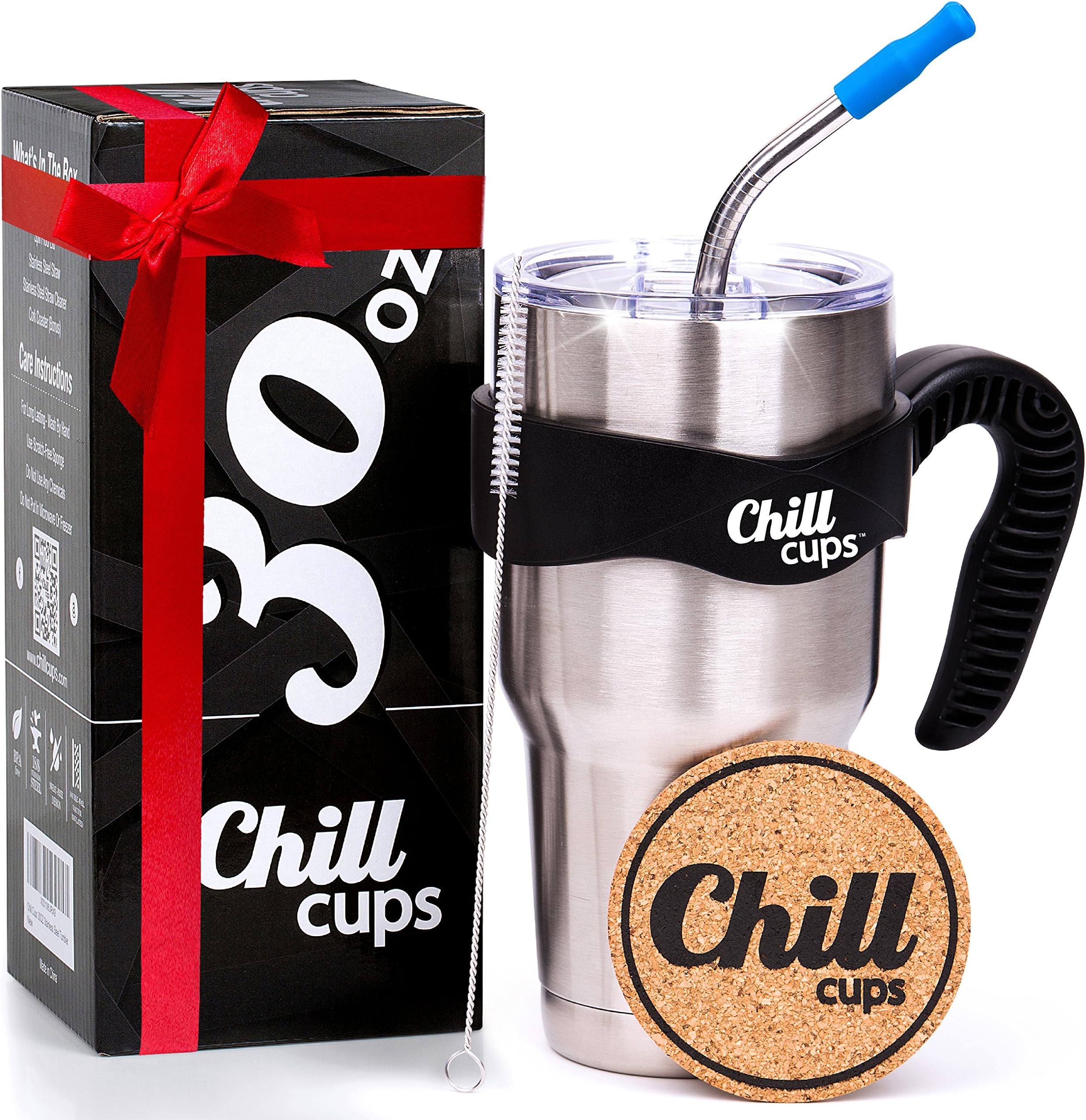 Chill Cups30oz Insulated Stainless Steel Tumbler with Straw | Double Wall Vacuum Cup, BPA-Free Clear Lid, Metal Straw, Cleaning Brush, Cork Coaster | Reusable Travel Mug for Coffee, Water, Smoothie