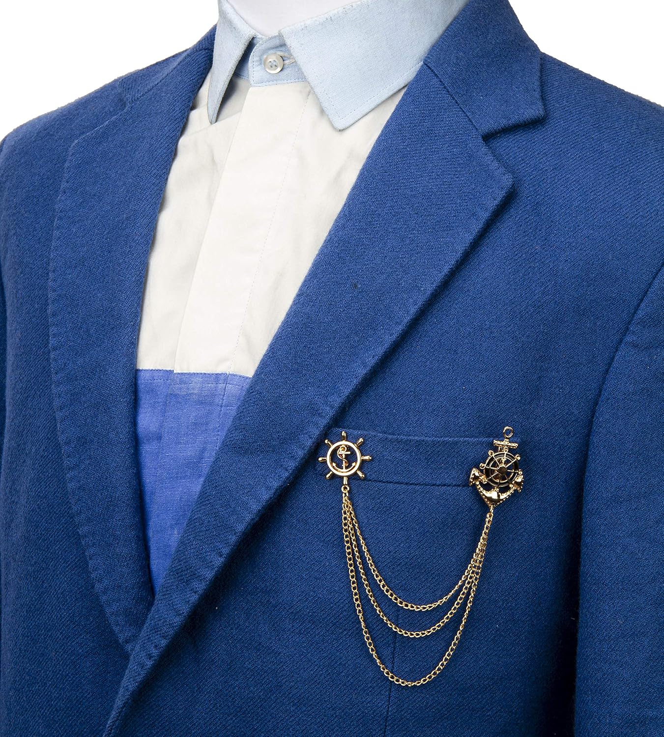 Knighthood Men's Wheel Anchor Rudder Chain Tassel Suit Collar Brooch Lapel pin, Gold - Image 4