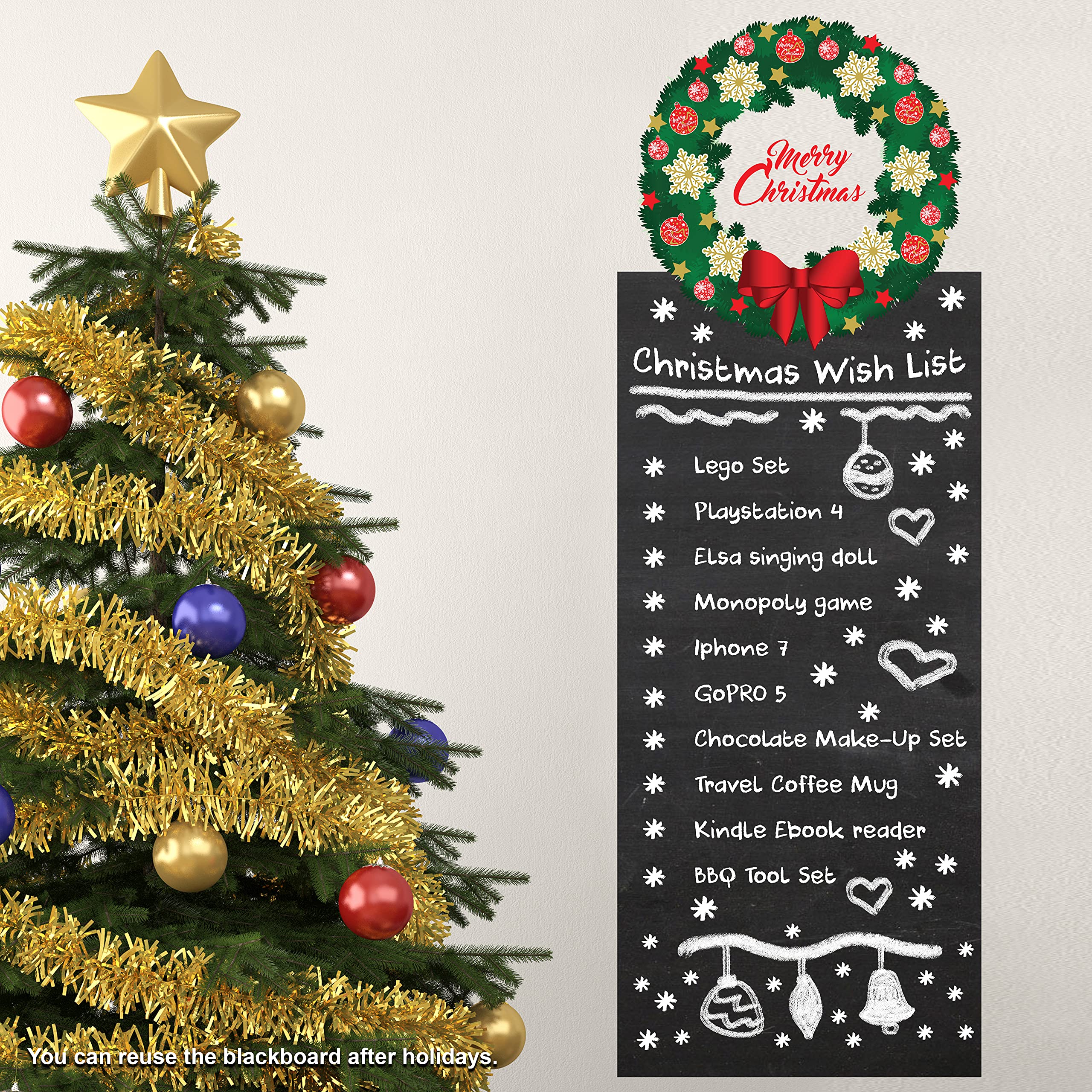 Wallflexi Christmas Decorations Wall Stickers " Garland Wishlist Blackboard " Wall Murals Decals living Room Children Nursery School Restaurant Cafe Hotel Home Office Décor, multicolour
