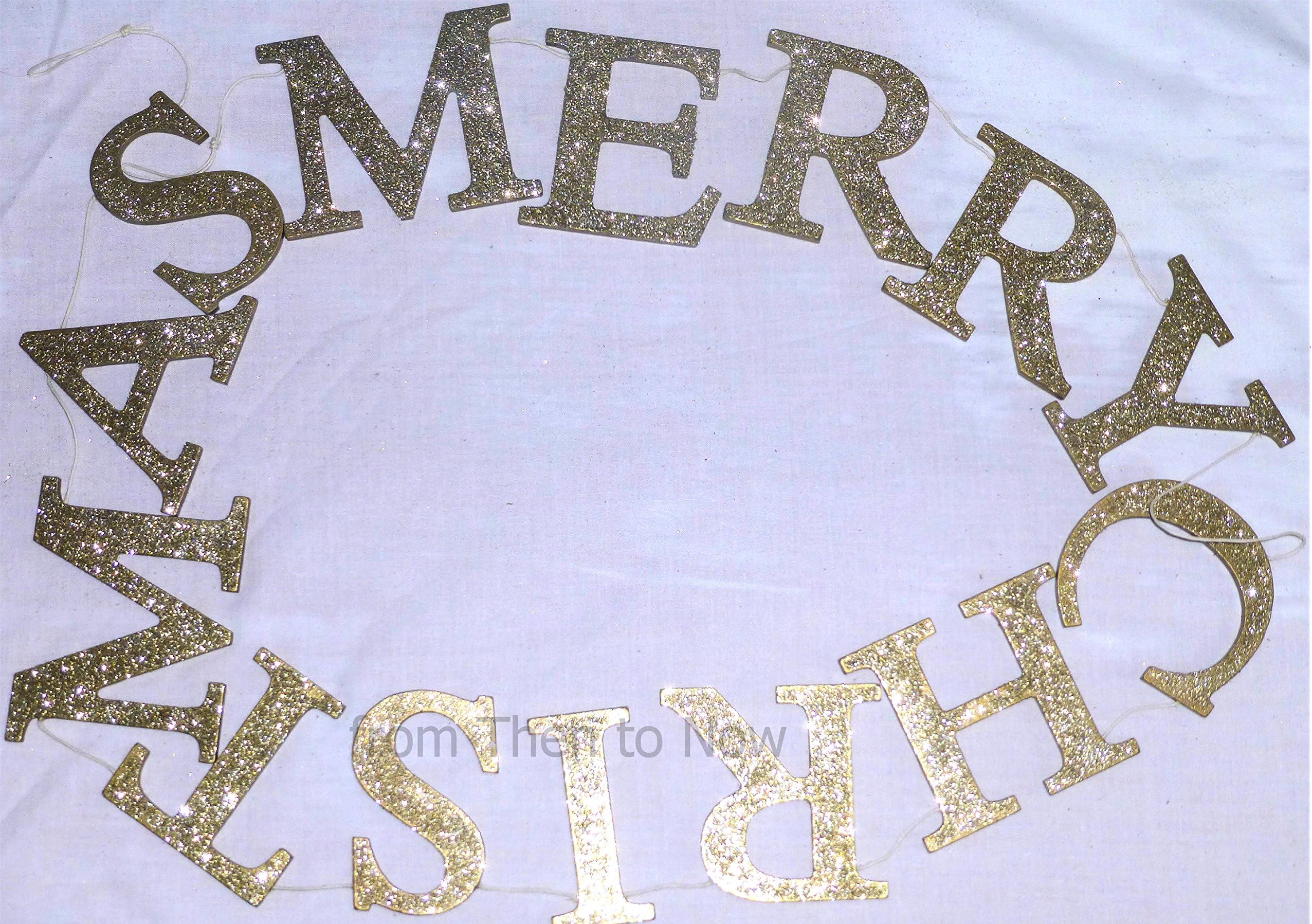 Gisela Graham Gold Glitter Merry Christmas Wooden Garland