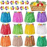 jollylife 12PCS Luau Hawaiian Grass Skirts + 12PCS Wristbands Party Decorations Hula Hibiscus Flowers Birthday Tropical Supplies
