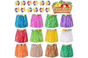 jollylife 12PCS Hawaiian Luau Hula Skirts + 12PCS Wristbands - Hibiscus Flowers Birthday Tropical Party Decorations Favors Supplies