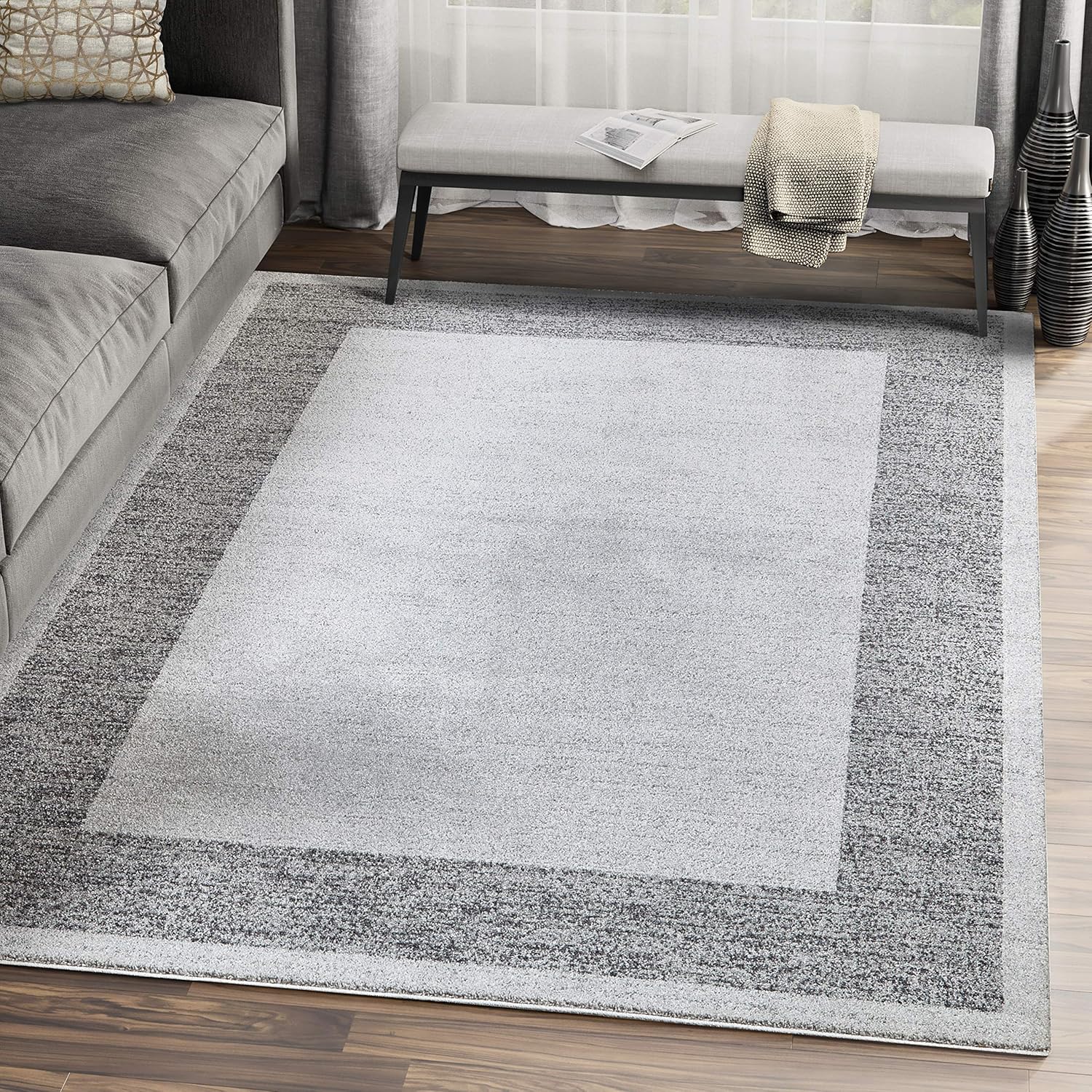 Abani Rugs Grey Bordered Pattern Neutral Simple Stylish