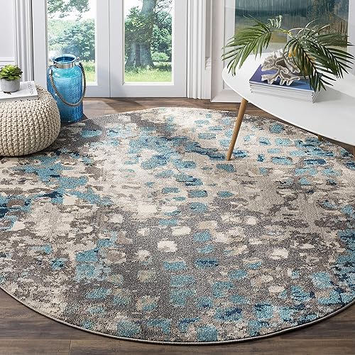 Safavieh Monaco Collection MNC225E Boho Chic Abstract Watercolor Non-Shedding Stain Resistant Living Room Bedroom Area Rug, 3' x 3' Round, Grey / Light Blue
