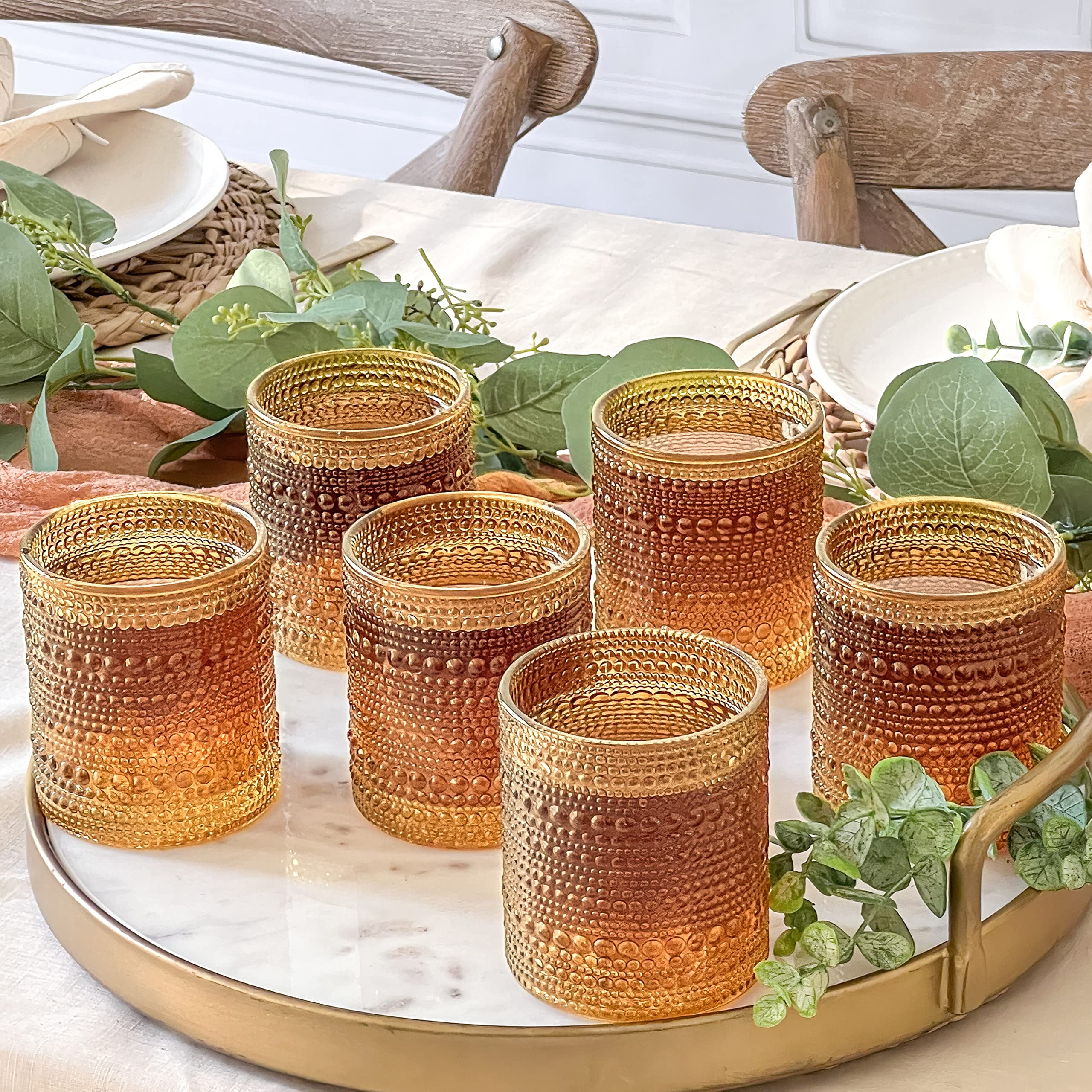 Kate Aspen Beaded Amber Drinking Glasses Set of 6-10 oz Vintage Glassware Set Jupiter Glasses, Cocktail Glass Set, Juice Glass, Water Cups Hostess Gift, Present, Gift for Newlyweds