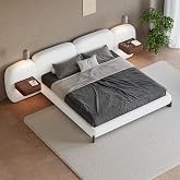 homary King Size Bed Frame Set with Wide Headboard &amp; Floating Smart Nightstands, Modern Boucle Platform Bedroom Set with LED Sensor Lights, Wireless Charging &amp; Walnut Wood Legs, No Box Spring Needed