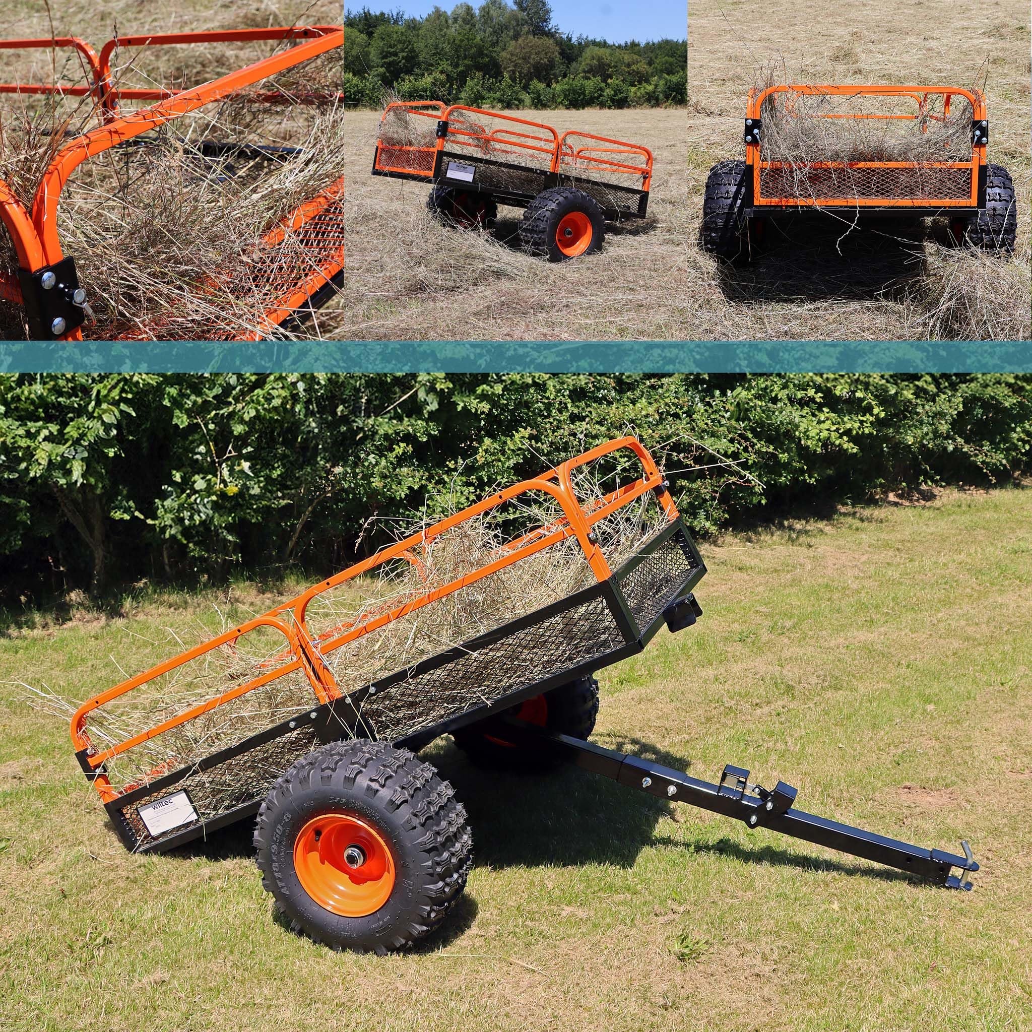 Wiltec Kippanhänger bis 680 kg für Rasentraktor, Anhänger Kipper 216 x 122 x 76,2 cm mit Gitter u. abnehmbaren Seitenwänden, Anhänger mit Kippfunktion 2